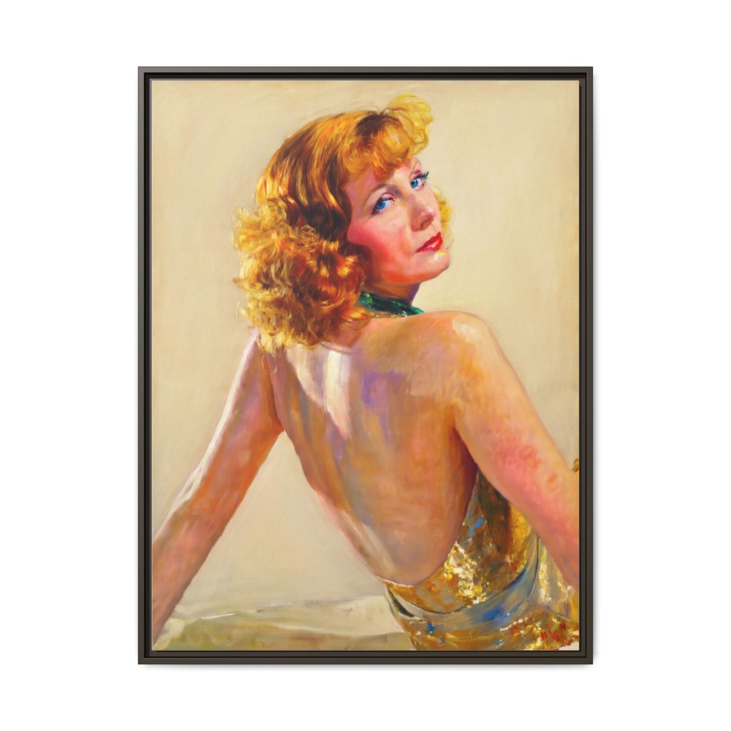 Framed Matte Canvas Print — Vintage Portrait of Redhead Greta Garbo in Gold Dress