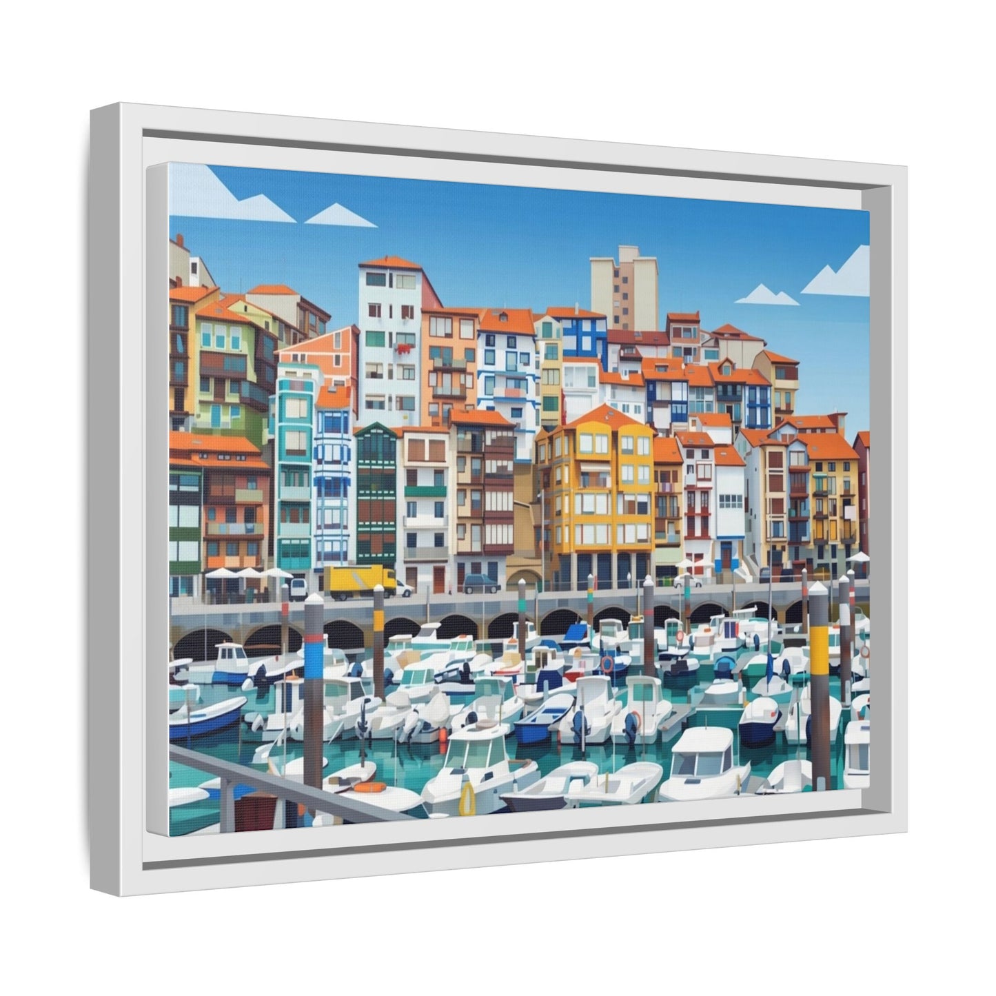 Framed Matte Canvas Print — Colorful Mediterranean Harbor Illustration