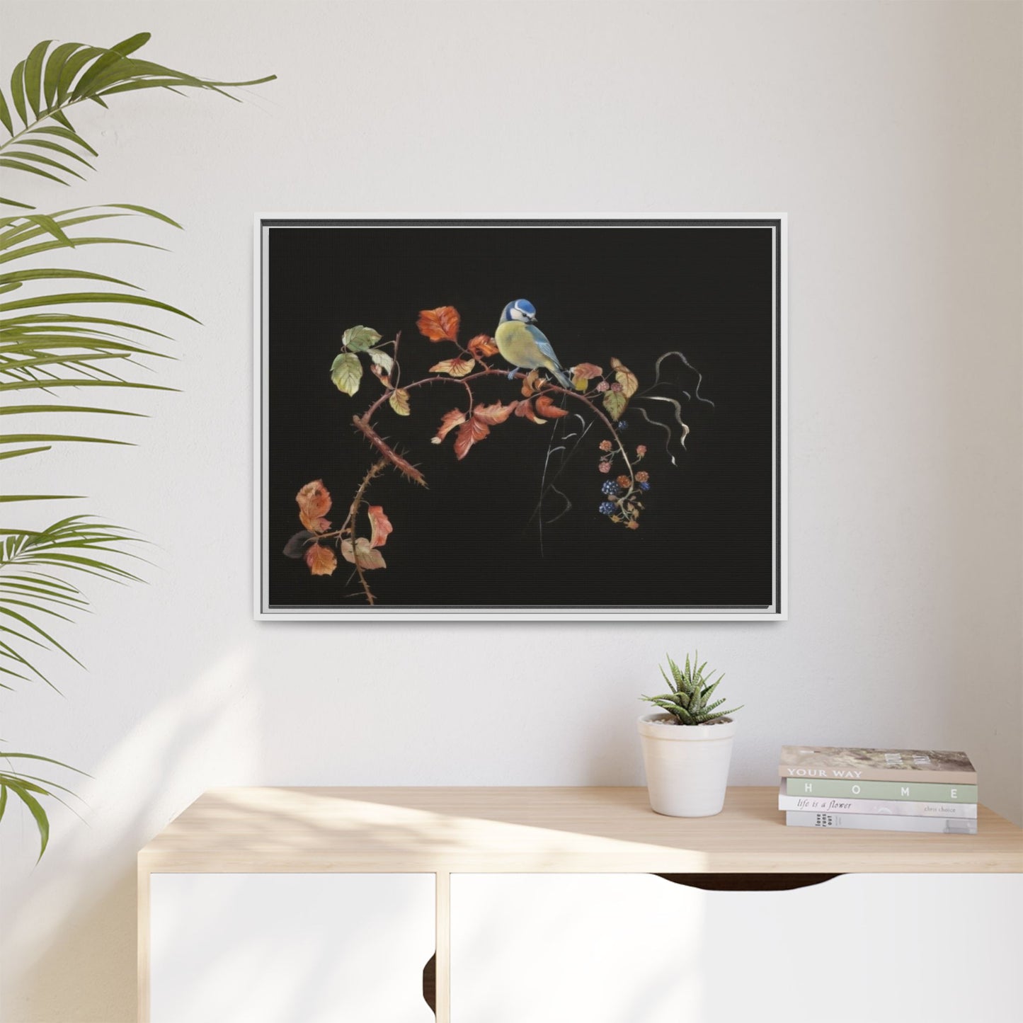 Framed Matte Canvas - Blue Tit on Autumn Branch Wall Art