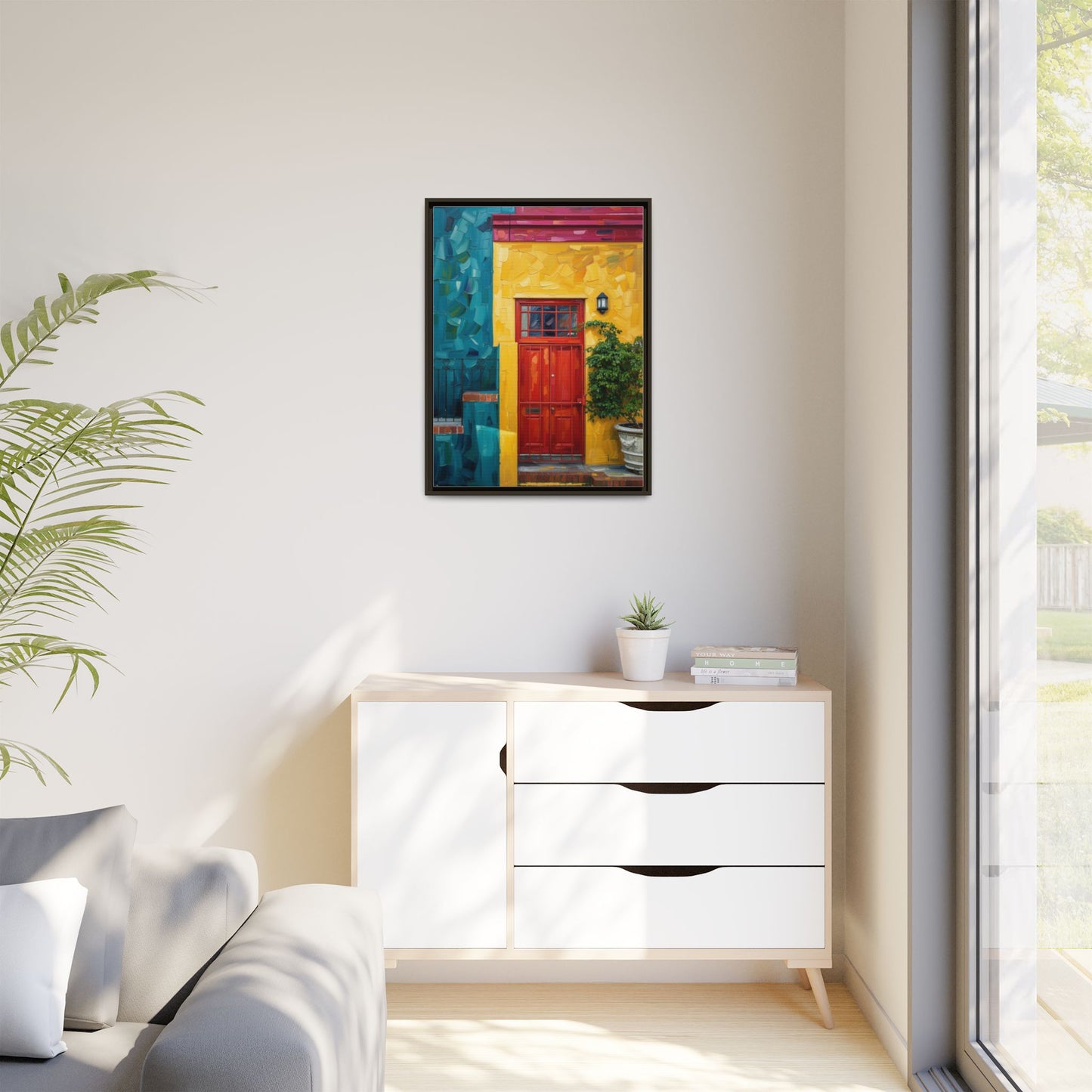 Framed Matte Canvas Wall Art — Colorful Red Door on Yellow Facade