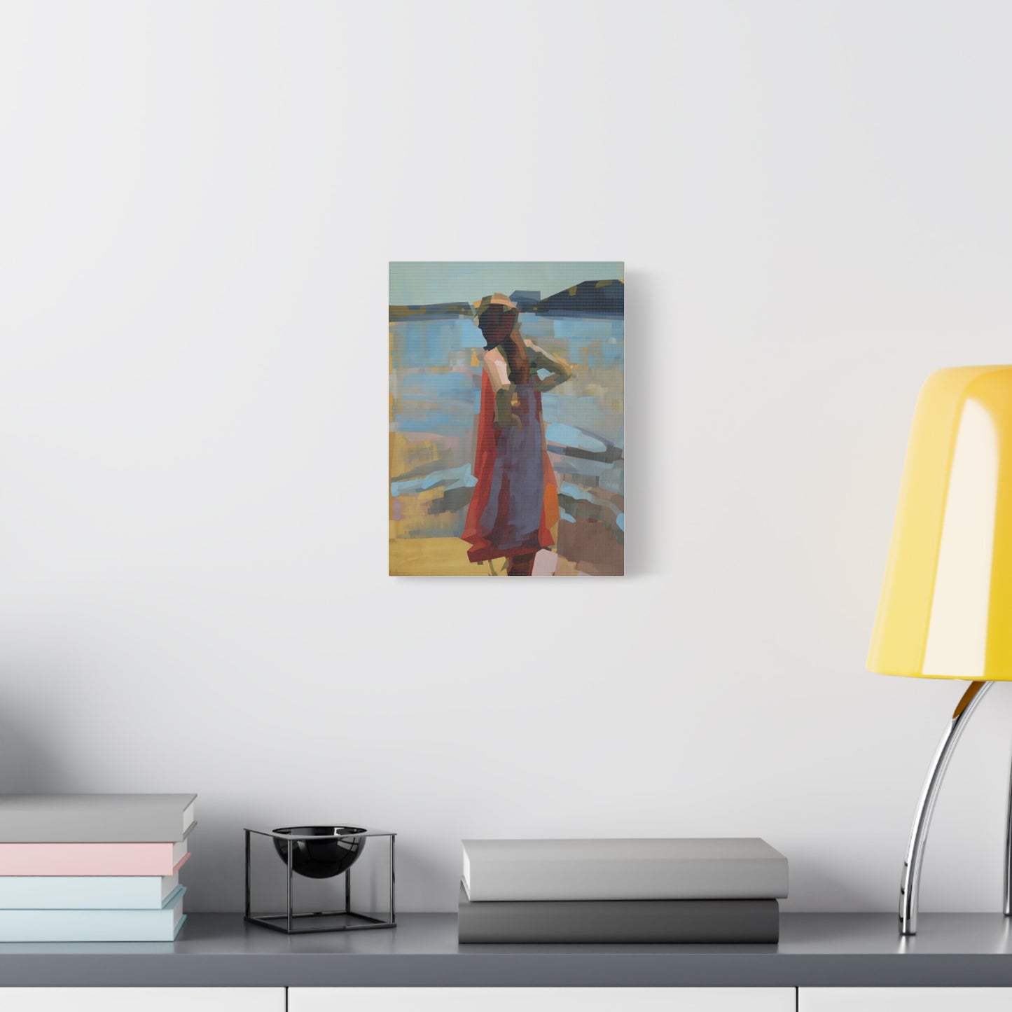 Coastal Stroll Matte Canvas Print — Abstract Woman in Red Dress, Stretched 1.25"