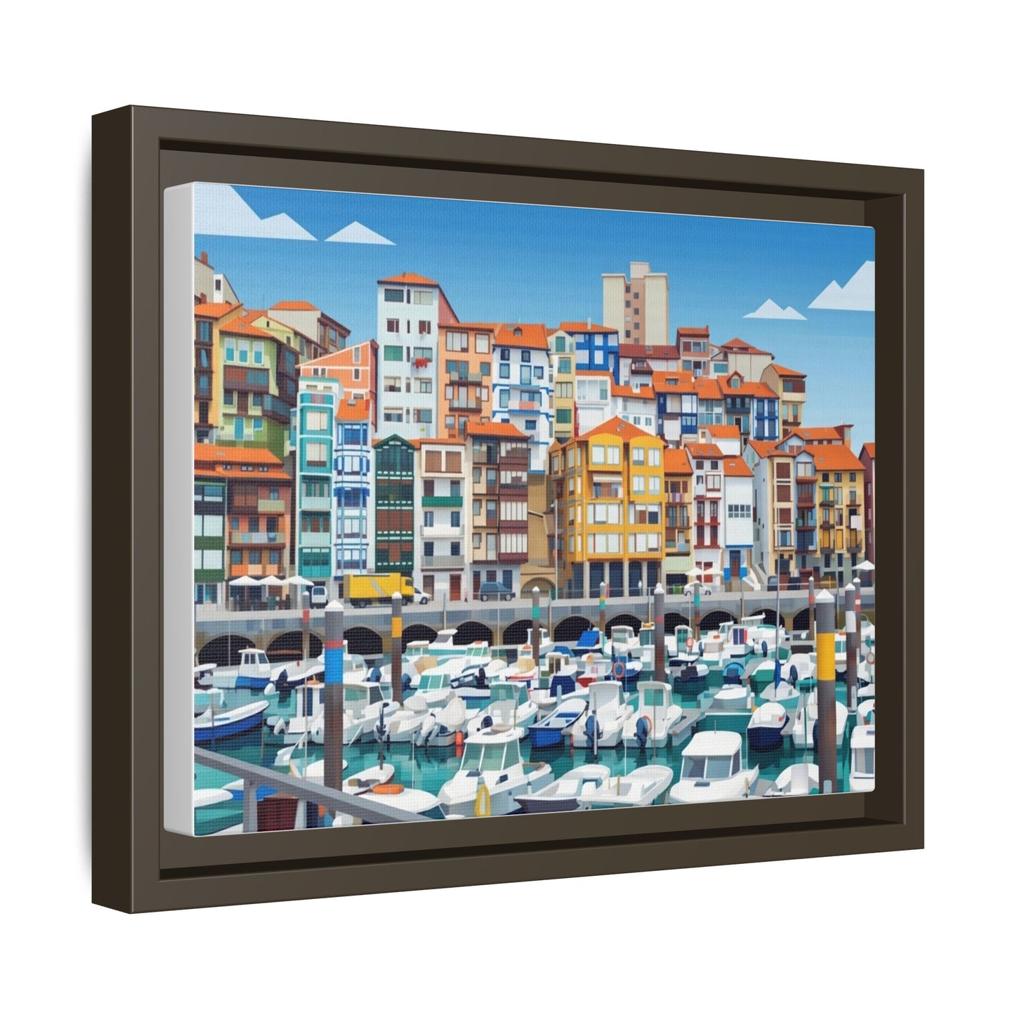 Framed Matte Canvas Print — Colorful Mediterranean Harbor Illustration