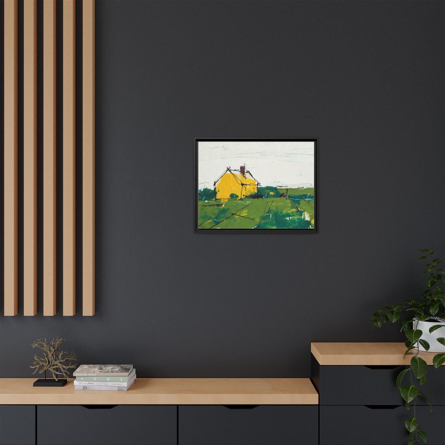 Yellow Cottage Landscape Framed Canvas Print