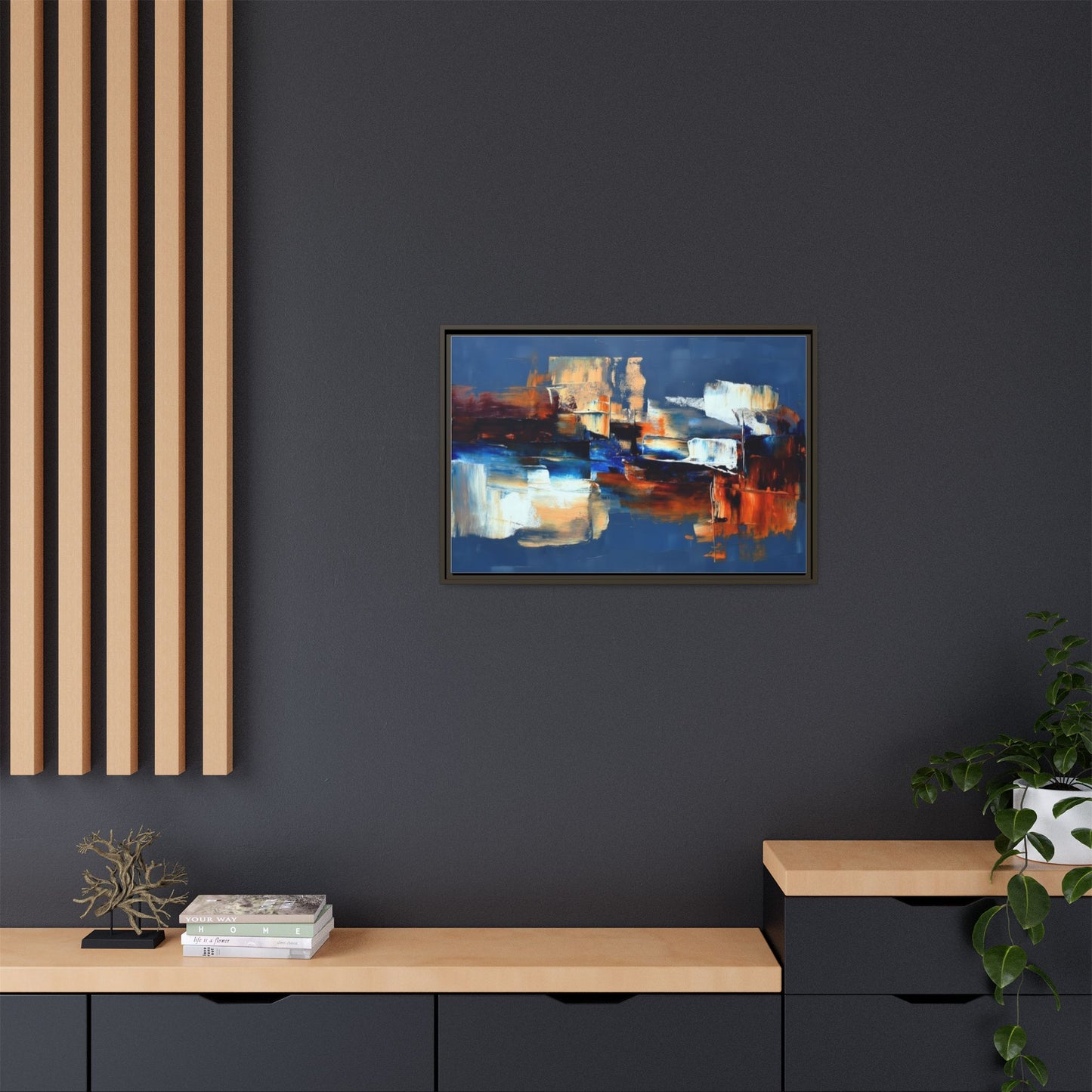 Abstract Blue & Rust Framed Canvas Art — Modern Matte Wall Painting