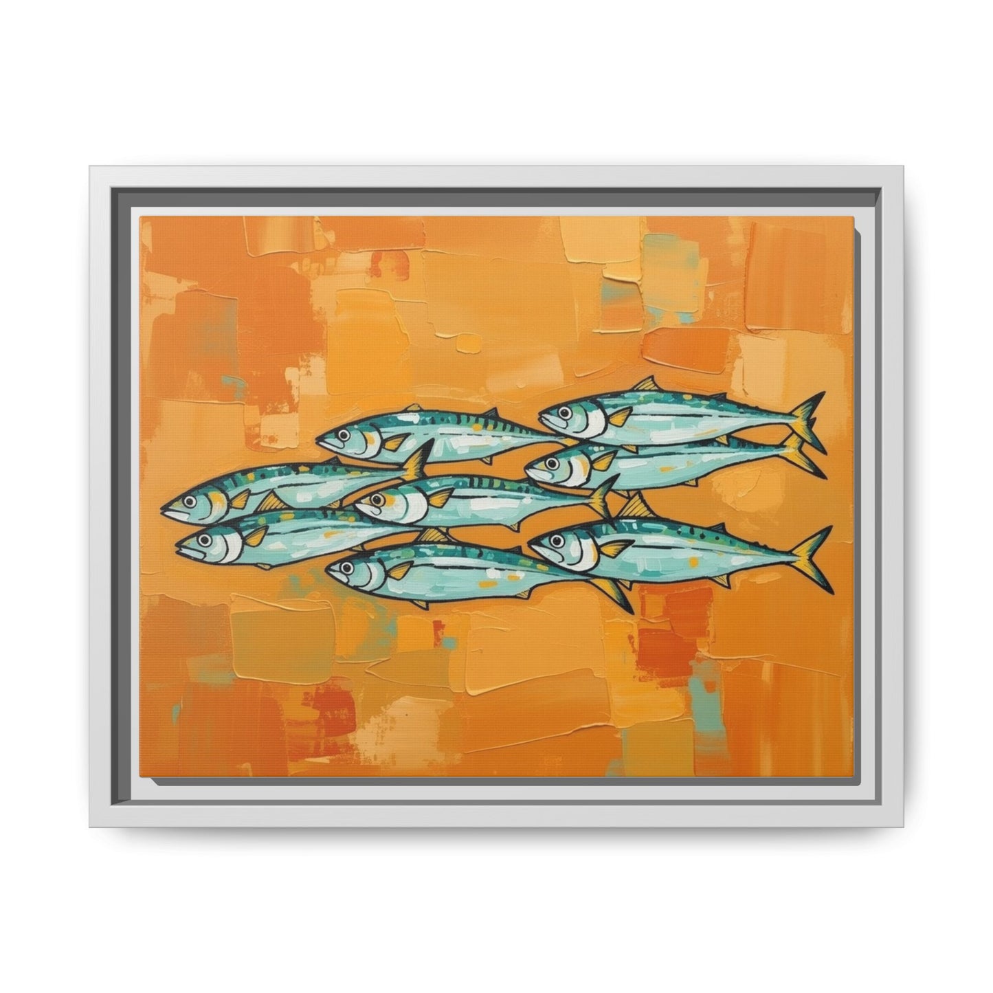 Framed Matte Canvas Print — School of Blue Fish on Orange Abstract Background