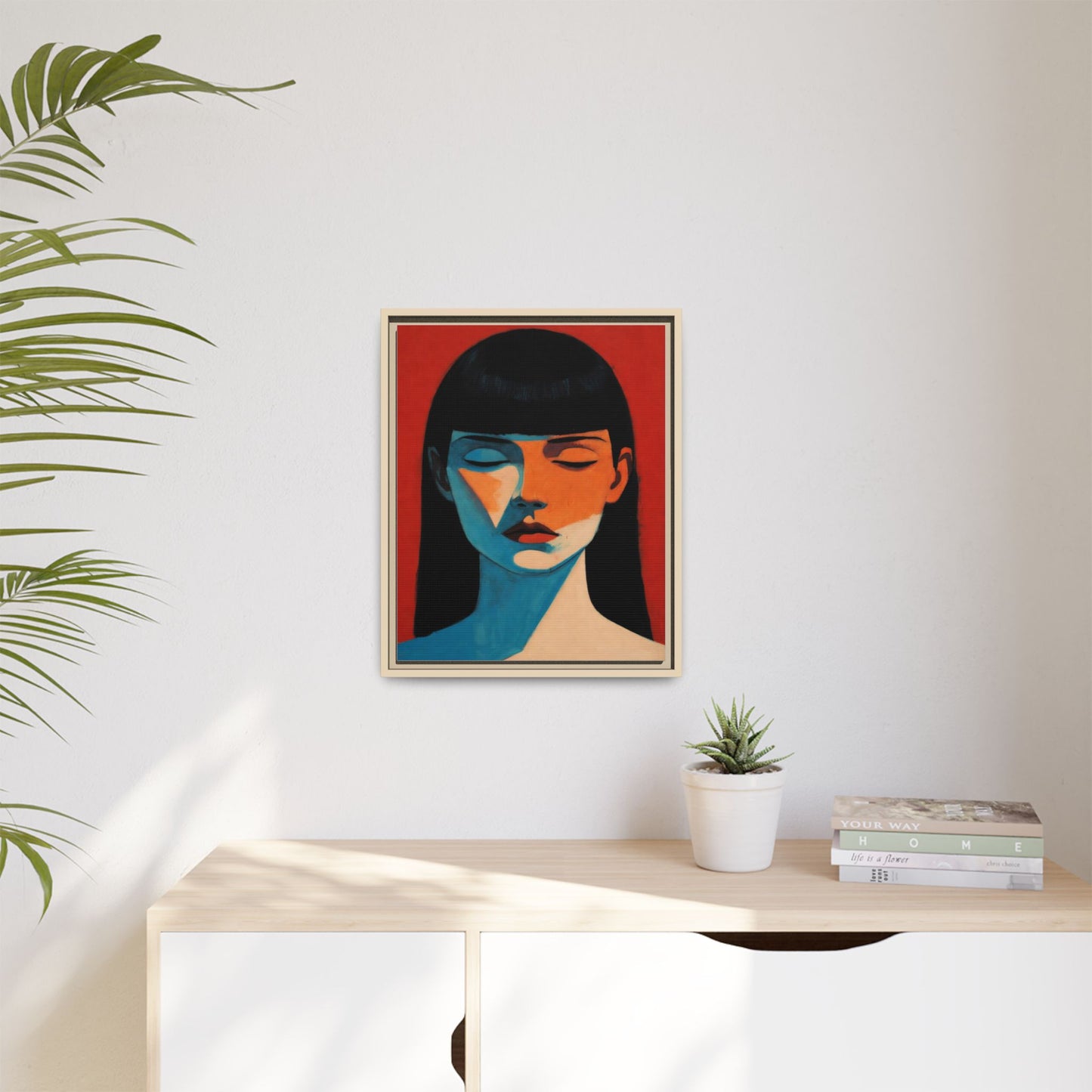 Framed Matte Canvas Art – Minimalist Portrait in Red & Teal