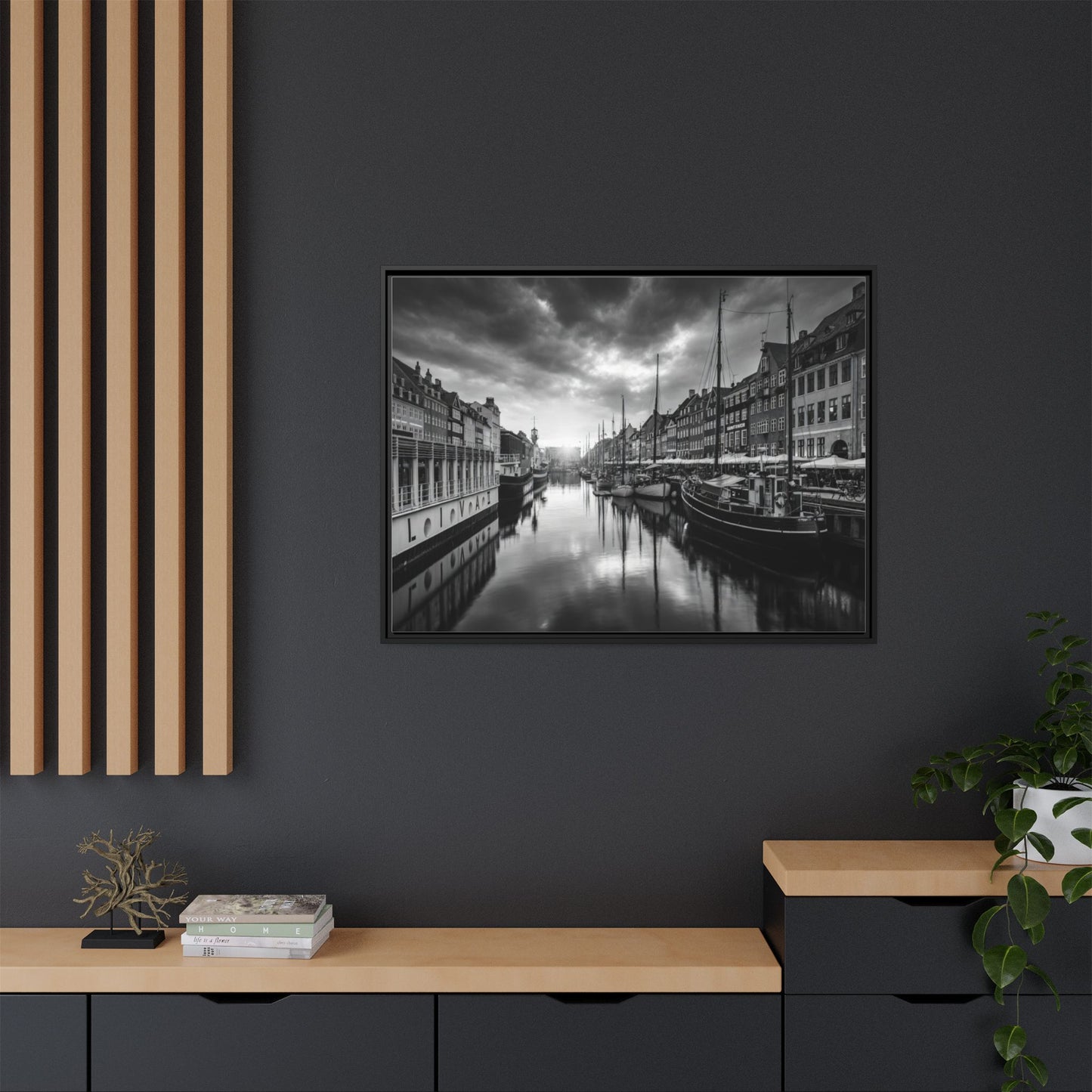 Framed Matte Canvas: Black & White Dutch Canal Photography Wall Art