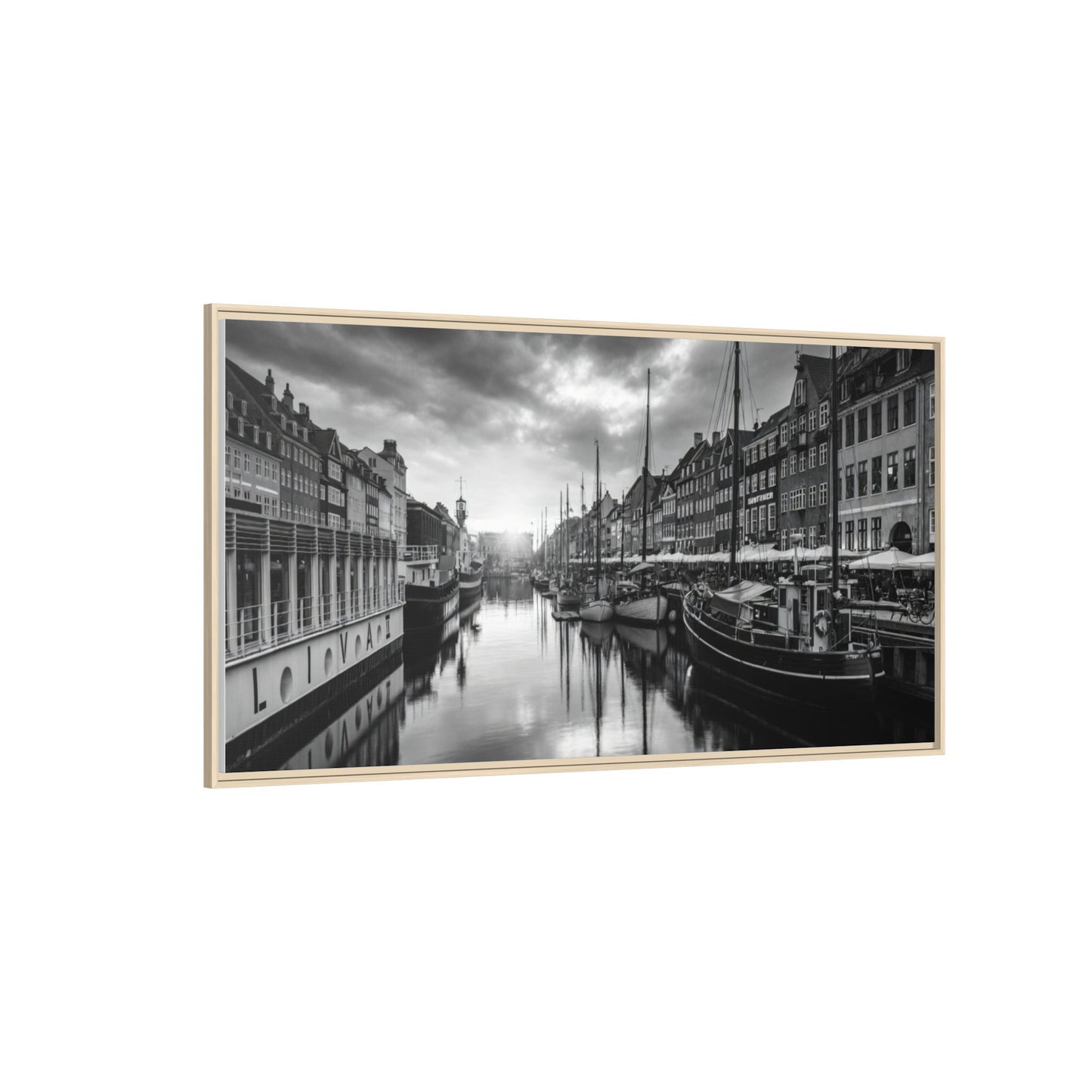 Framed Matte Canvas: Black & White Dutch Canal Photography Wall Art