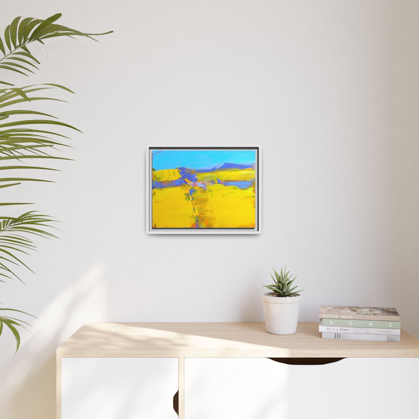 Framed Matte Canvas  Vibrant Yellow Blue Abstract Landscape Art