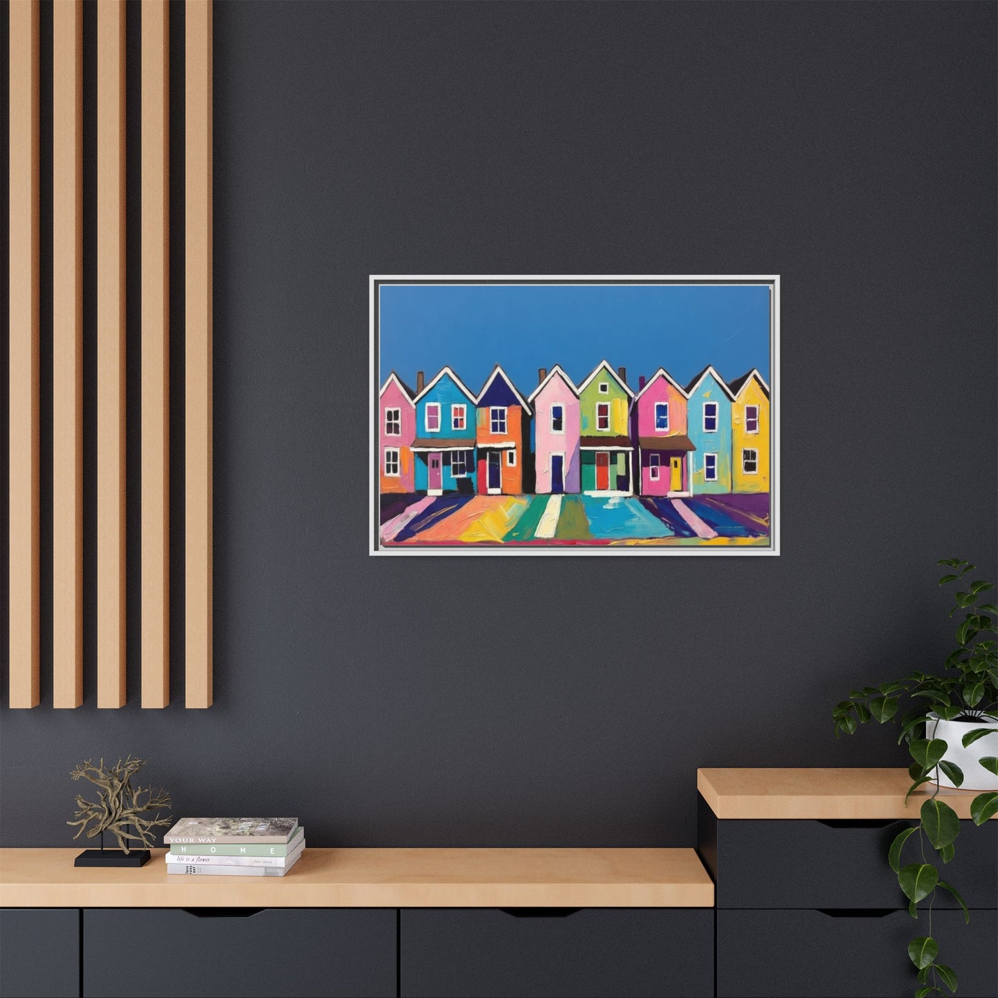 Colorful Beach Houses Matte Canvas Framed Wall Art