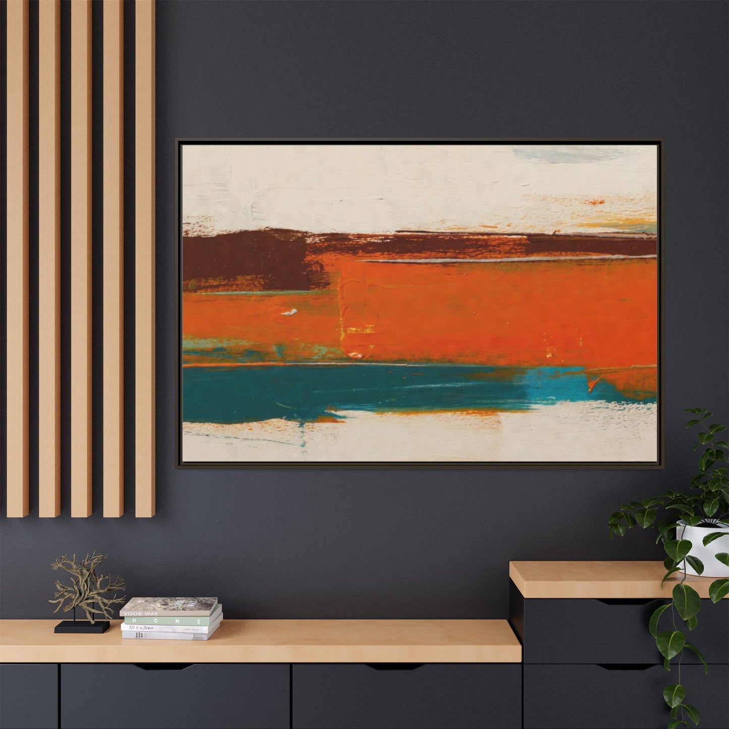 Abstract Horizon Matte Canvas Framed Print — Modern Orange Teal Wall Art