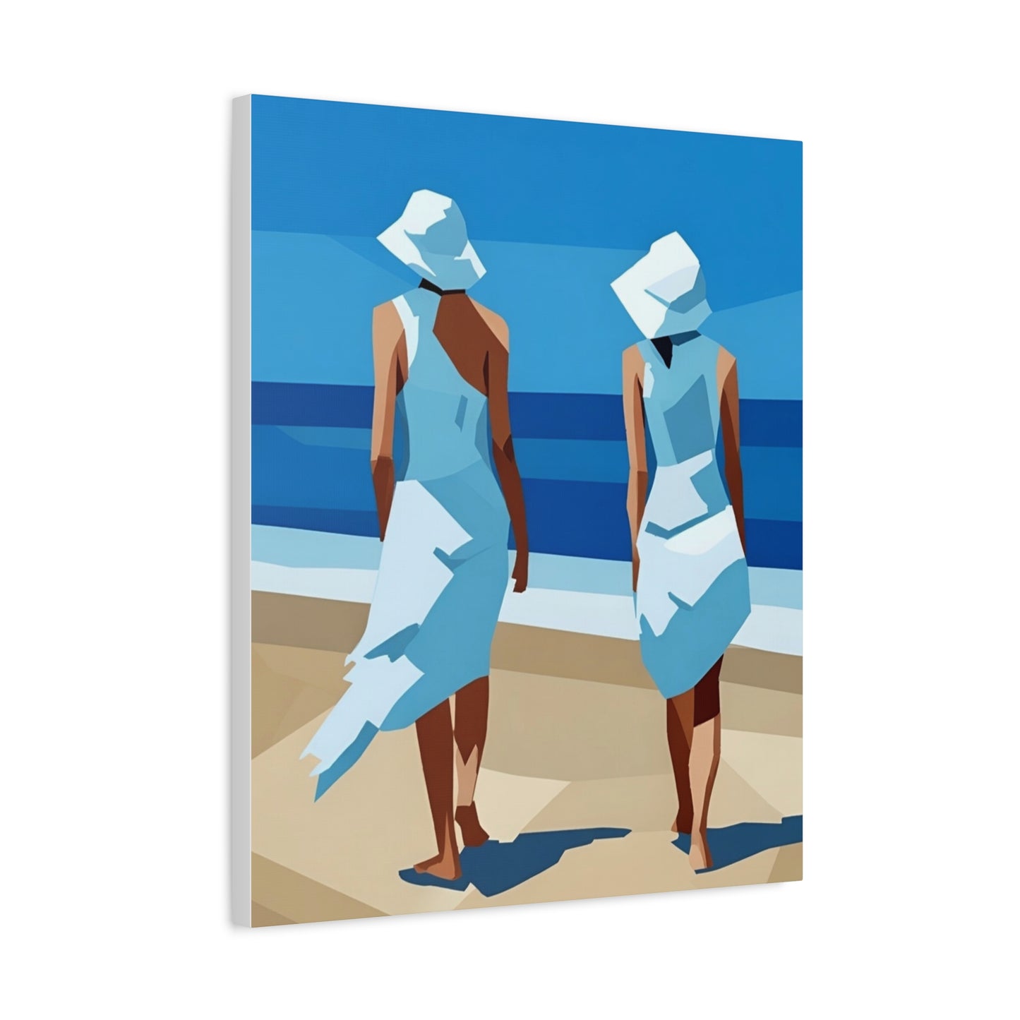 Beach Stroll Canvas Print — Two Women in Blue Sun Hats Matte Stretched