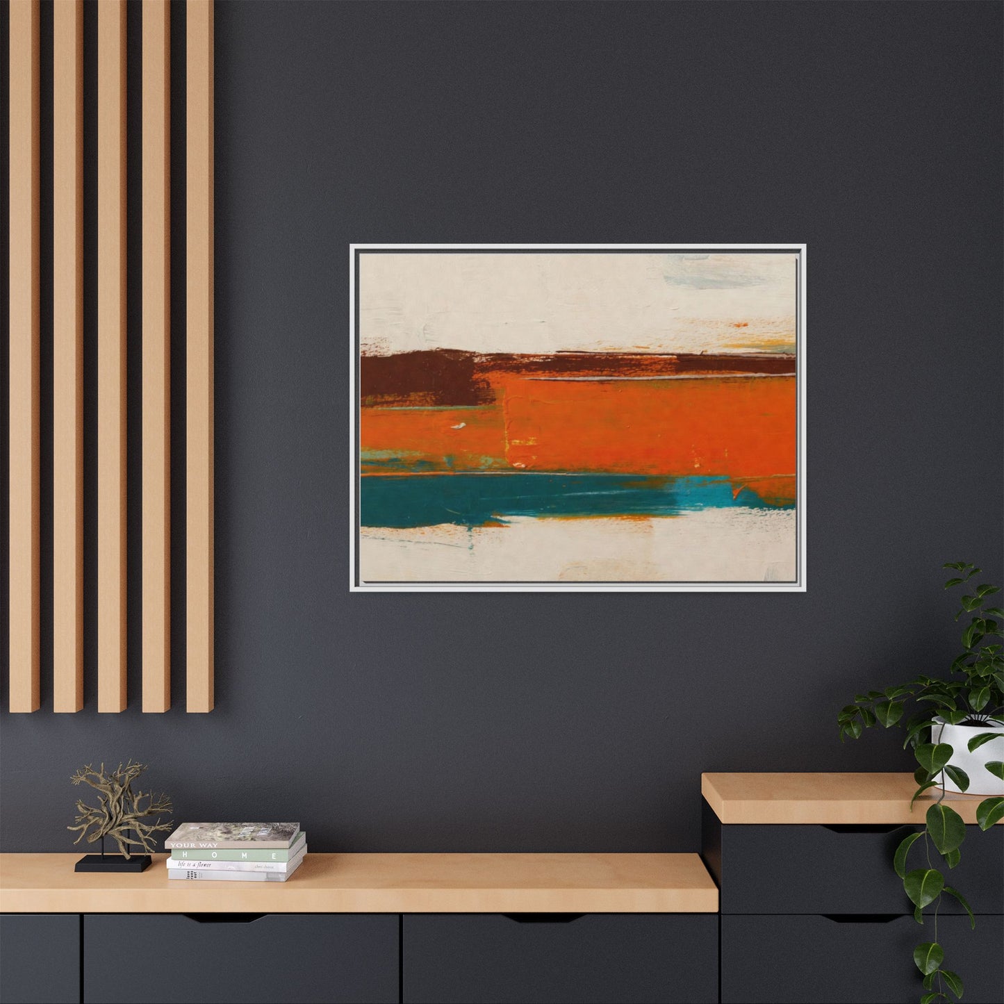 Abstract Horizon Matte Canvas Framed Print — Modern Orange Teal Wall Art