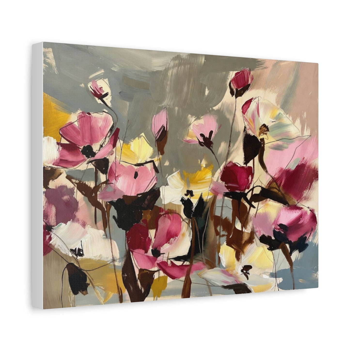 Floral Abstract Canvas Wall Art — Pink & Yellow Bloom Stretched Matte Print