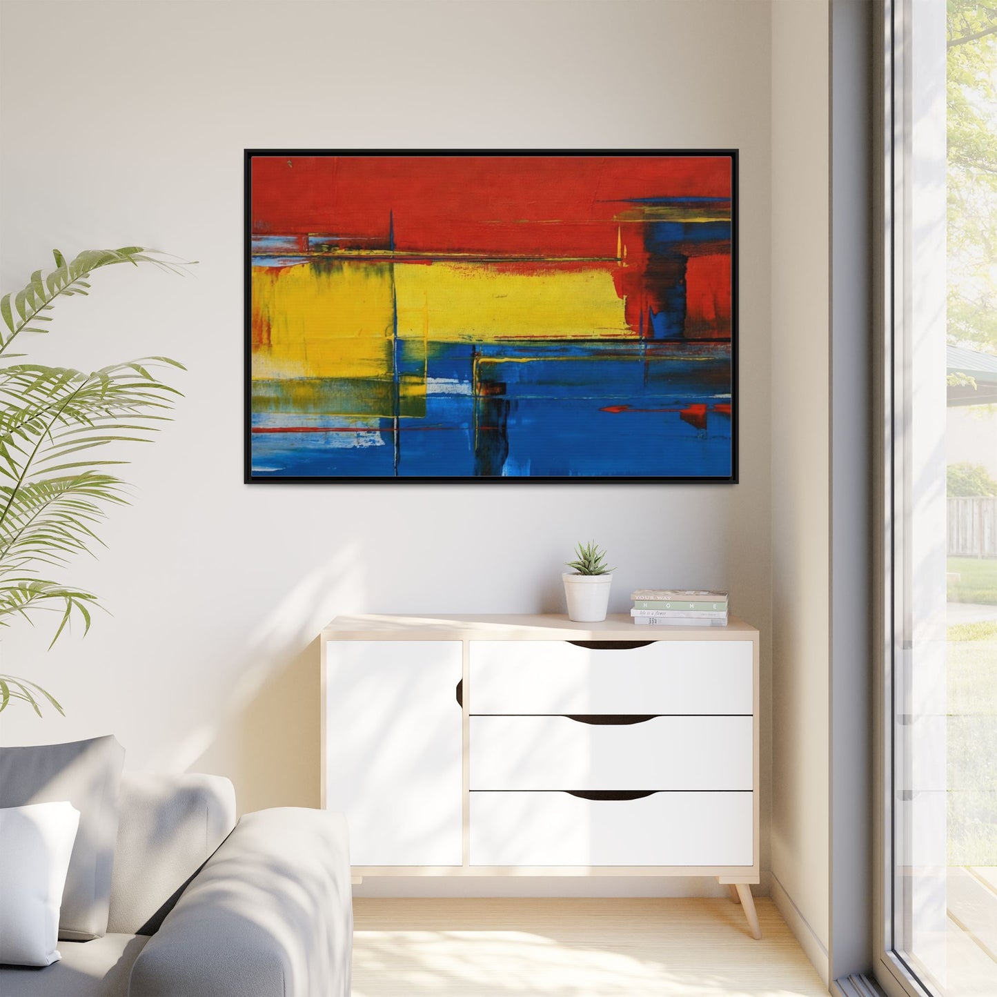 Abstract Color Block Matte Canvas Framed Wall Art — Modern Red Yellow Blue Painting