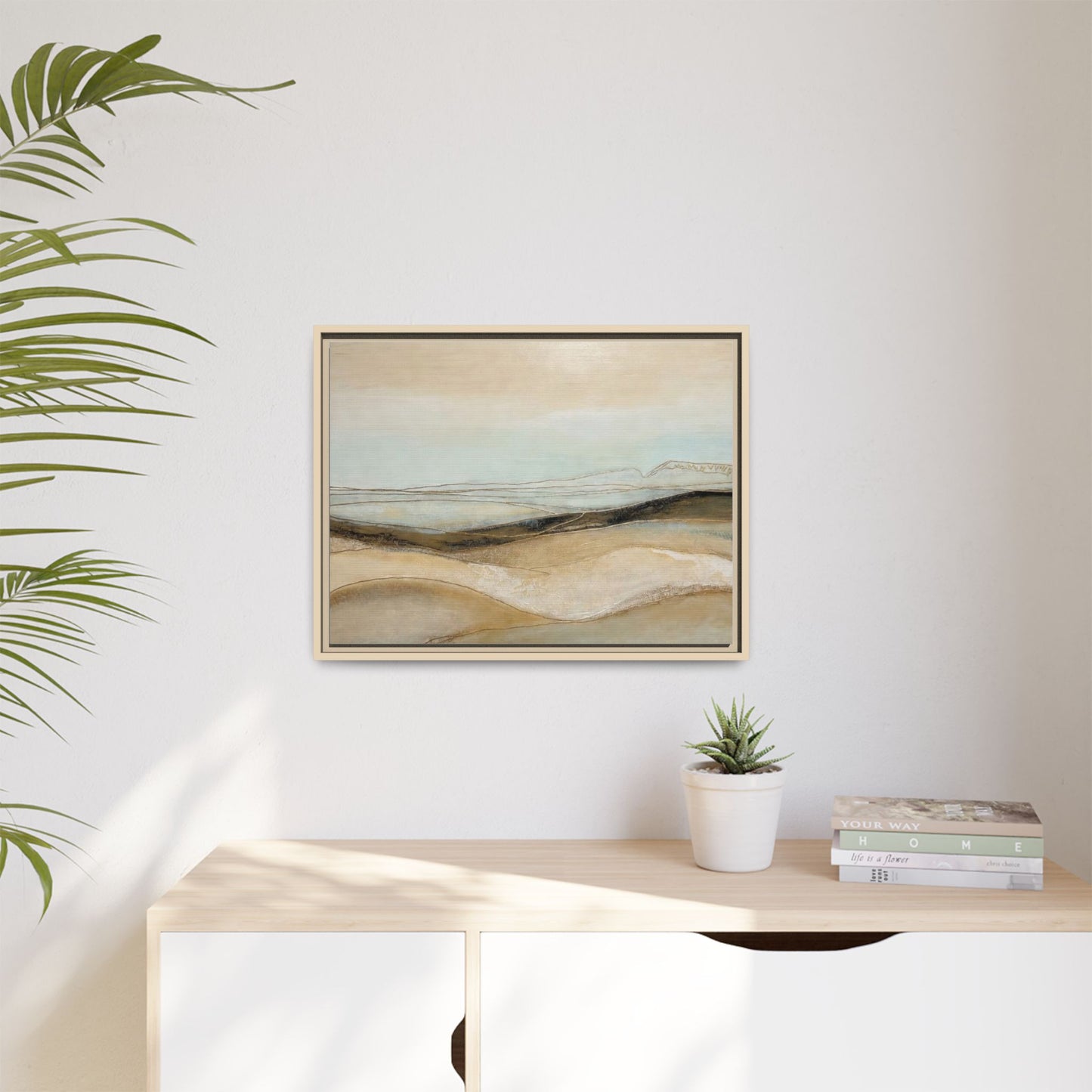 Framed Matte Canvas Wall Art — Neutral Abstract Landscape in Soft Blues & Earth Tones