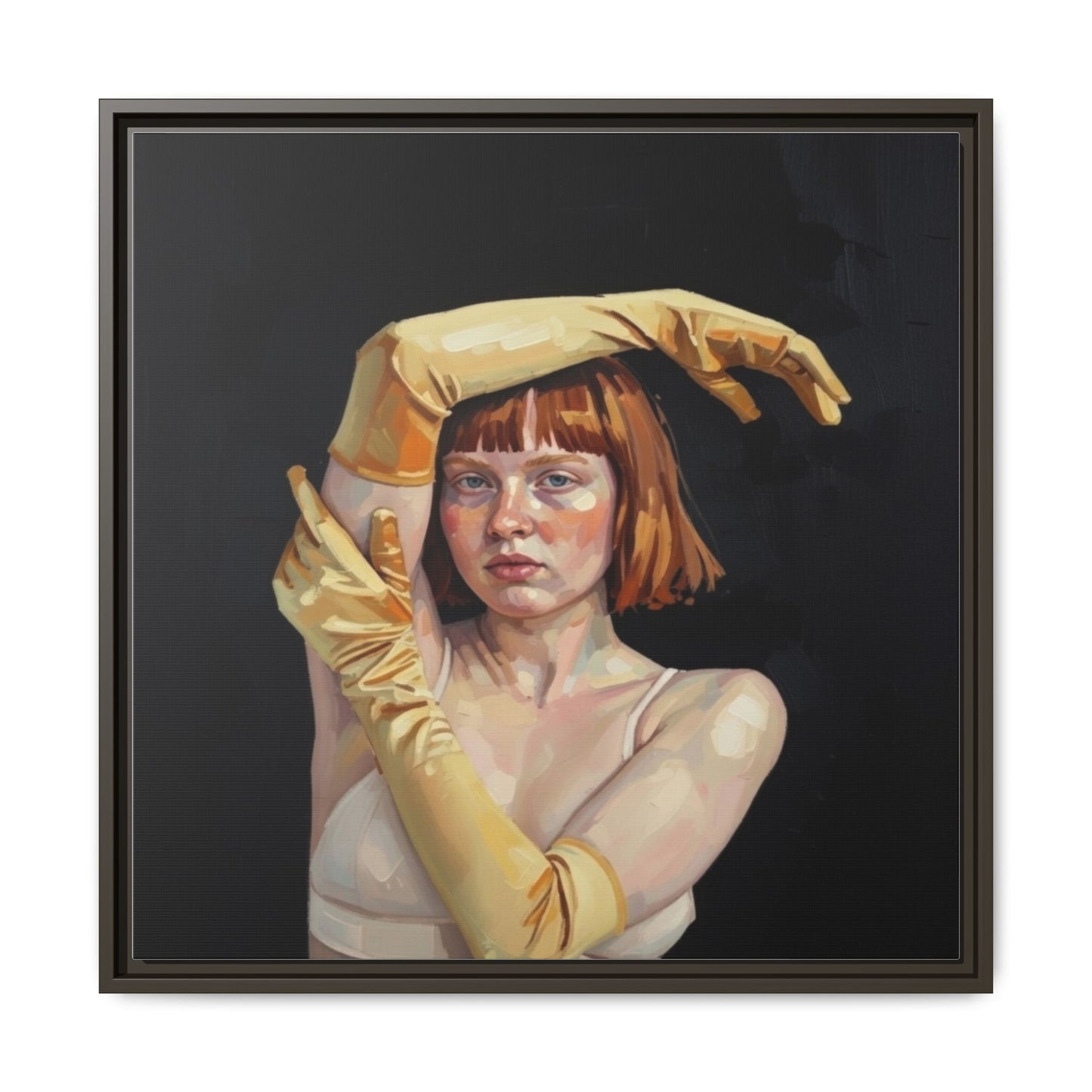 Framed Matte Canvas Art – Portrait of Woman in Yellow Gloves