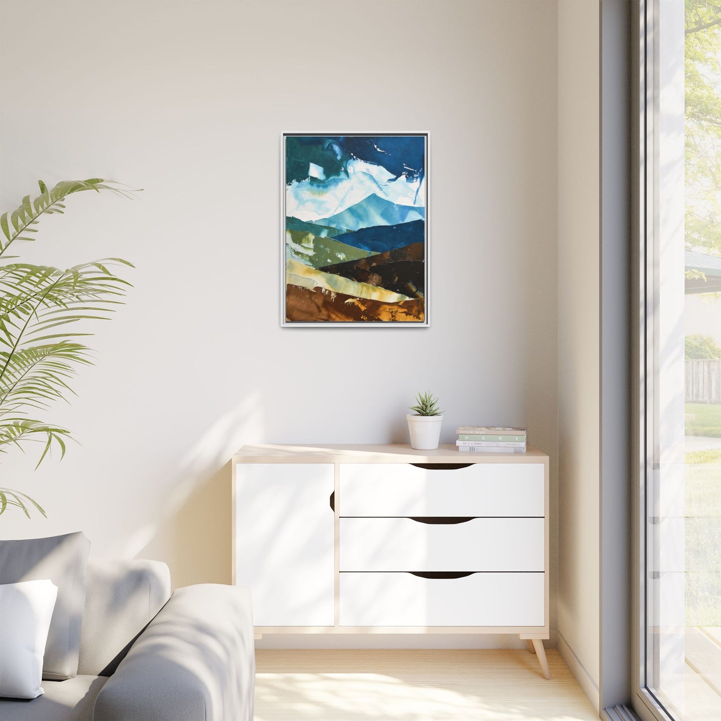 Framed Abstract Mountain Canvas Art — Blue & Earthtone Landscape Print