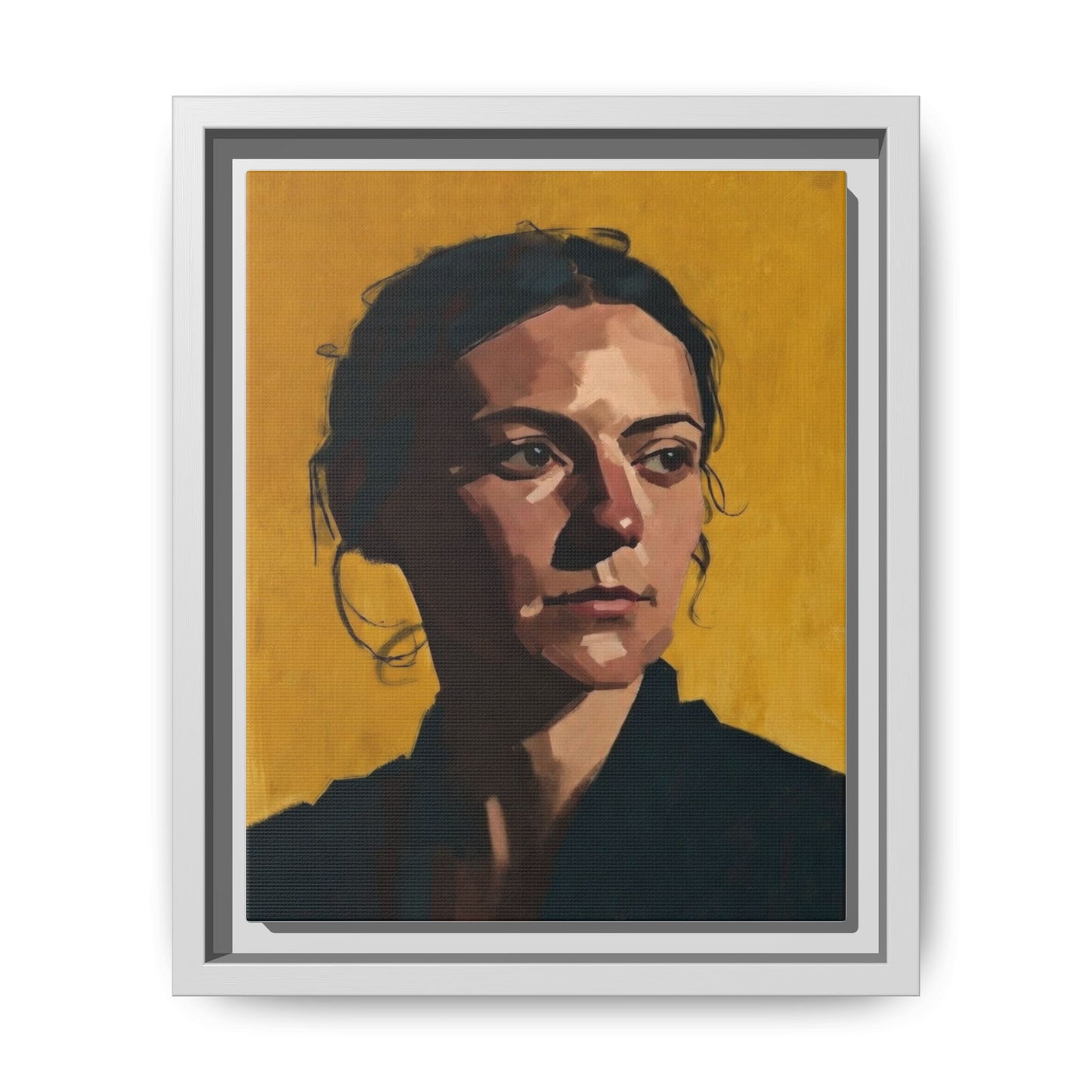 Framed Matte Canvas Portrait Art — Moody Woman on Mustard Background