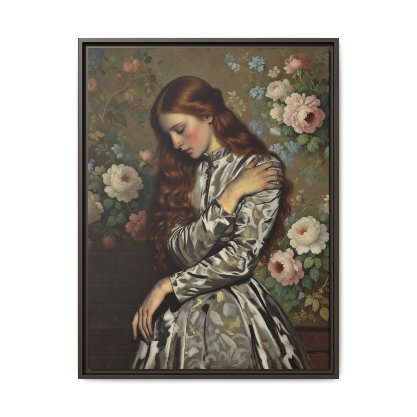Framed Matte Canvas Art — Vintage Floral Portrait of a Young Woman