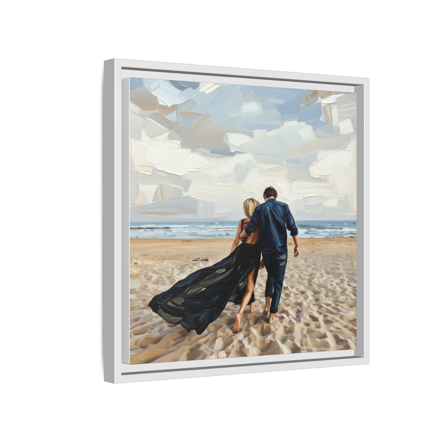 Framed Canvas Wall Art — Romantic Couple Walking on Beach Print