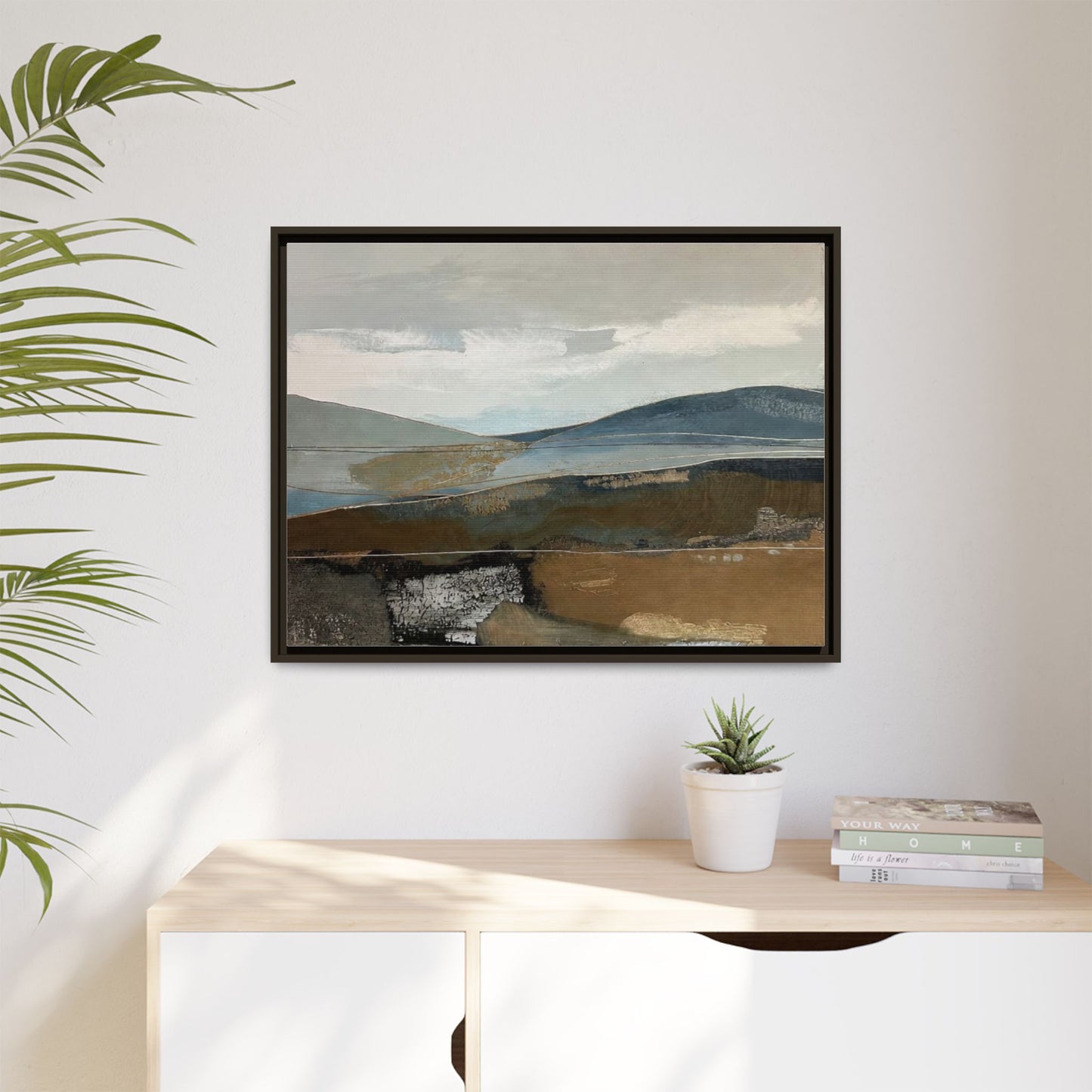 Framed Matte Canvas Landscape Art - Serene Abstract Hills in Blue & Earth Tones