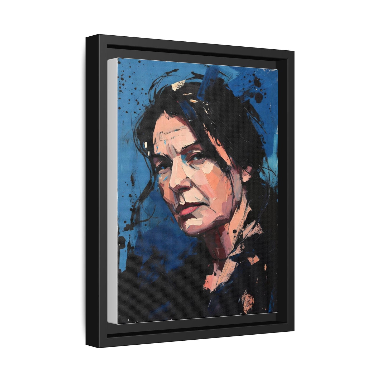 Framed Matte Canvas Portrait — Expressive Blue Painterly Woman Art