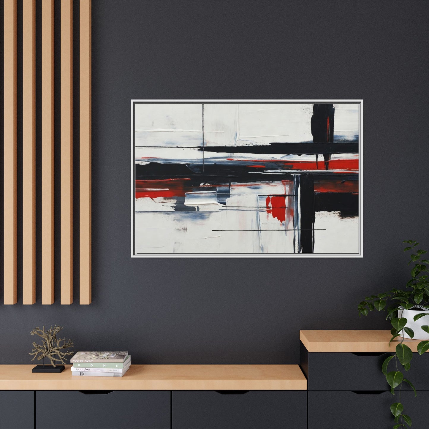 Abstract Red & Black Framed Canvas Art — Modern Matte Wall Painting