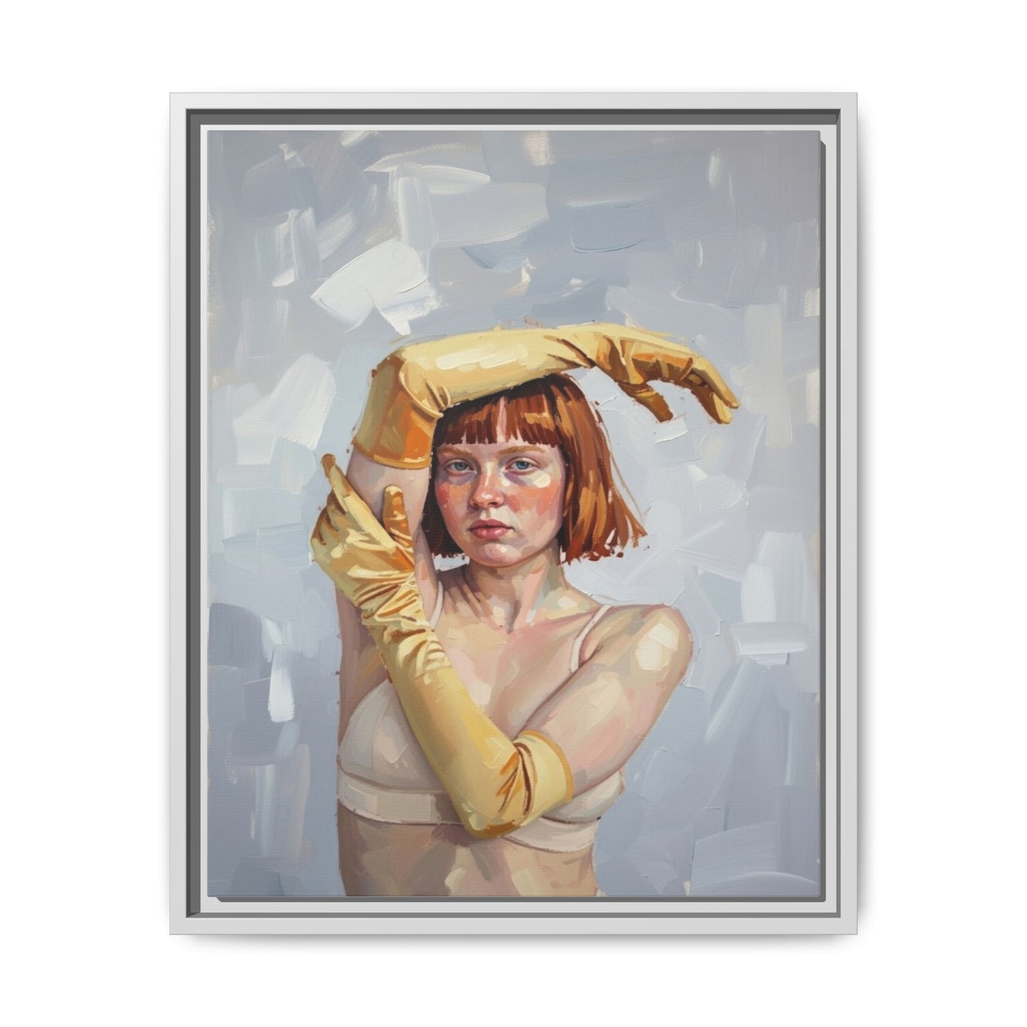 Contemporary Portrait Canvas Print — Woman with Yellow Gloves (Framed Matte)
