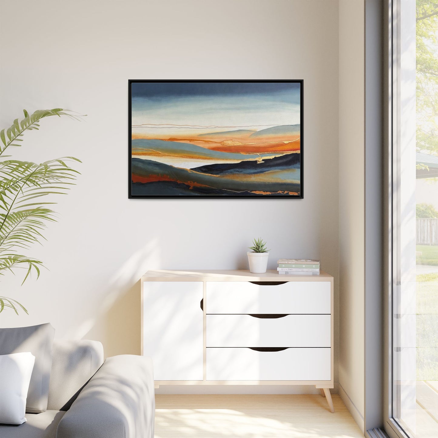 Framed Matte Canvas: Abstract Coastal Sunset Landscape Wall Art
