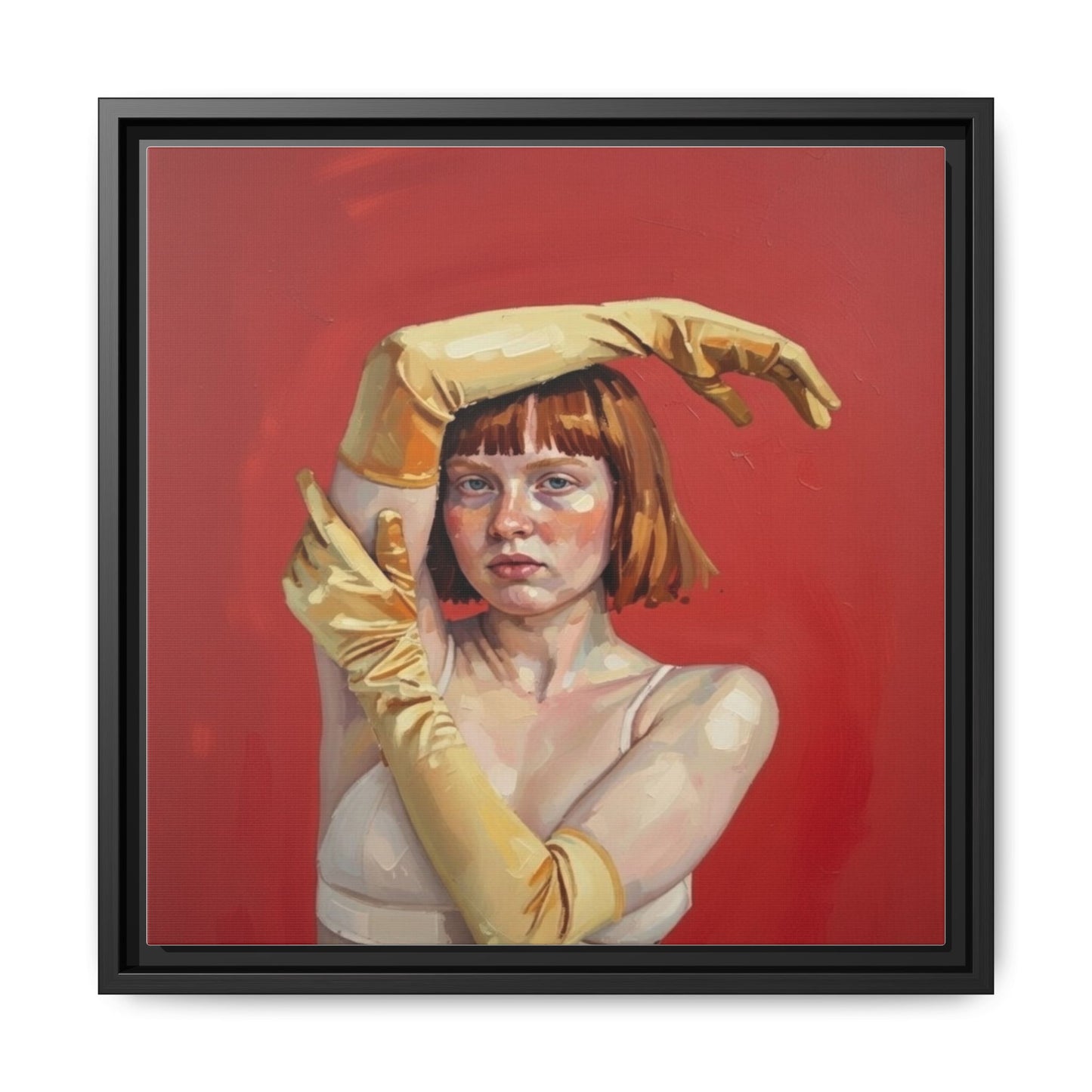 Framed Matte Canvas Art - Portrait of Woman in Yellow Gloves (Red Background)