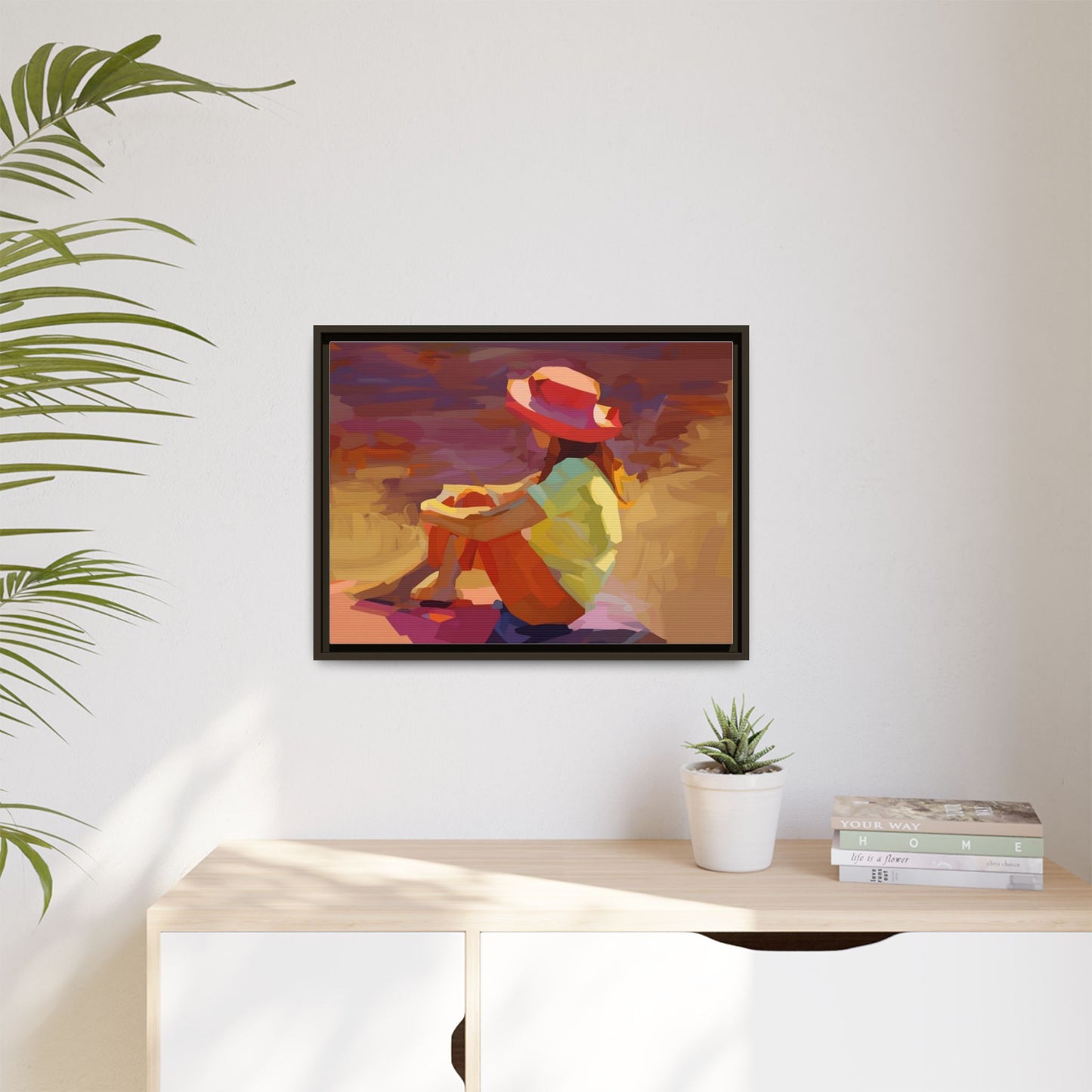 Framed Matte Canvas — Colorful Seated Girl Beach Art