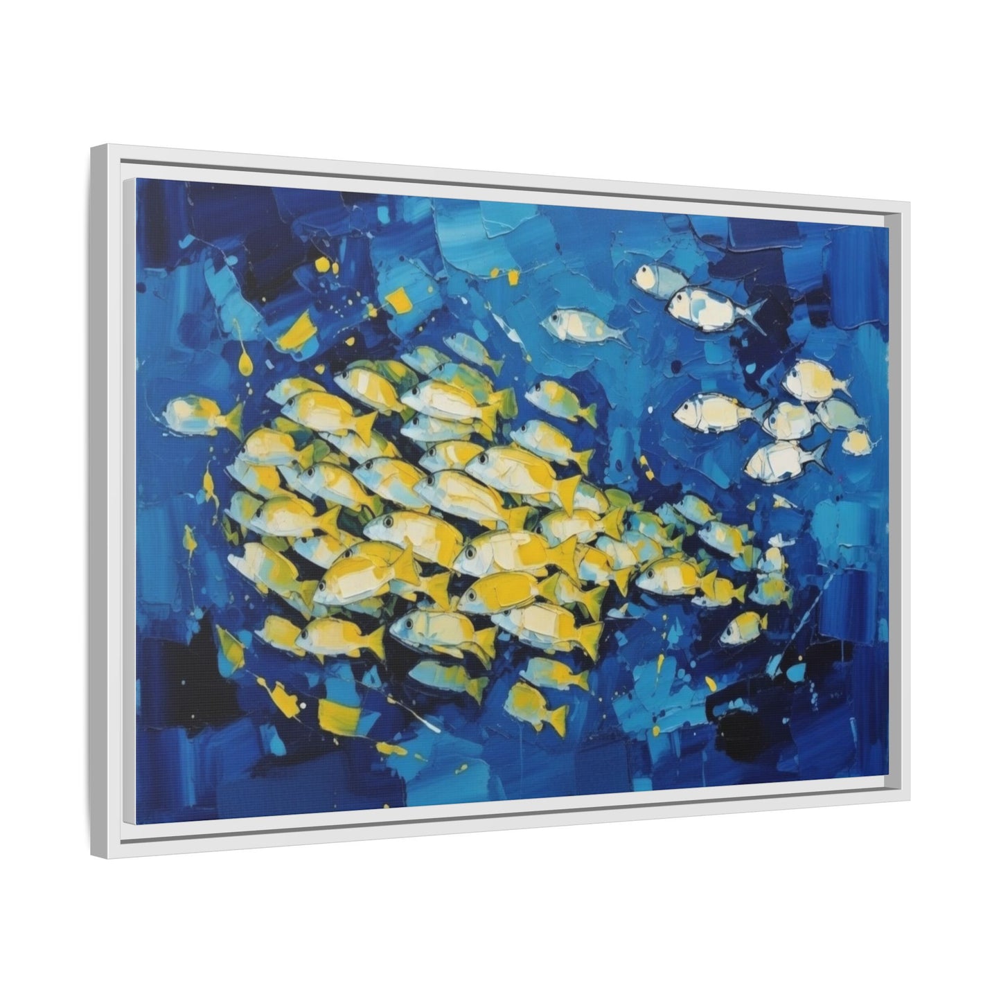 Framed Matte Canvas: Blue School of Fish Wall Art