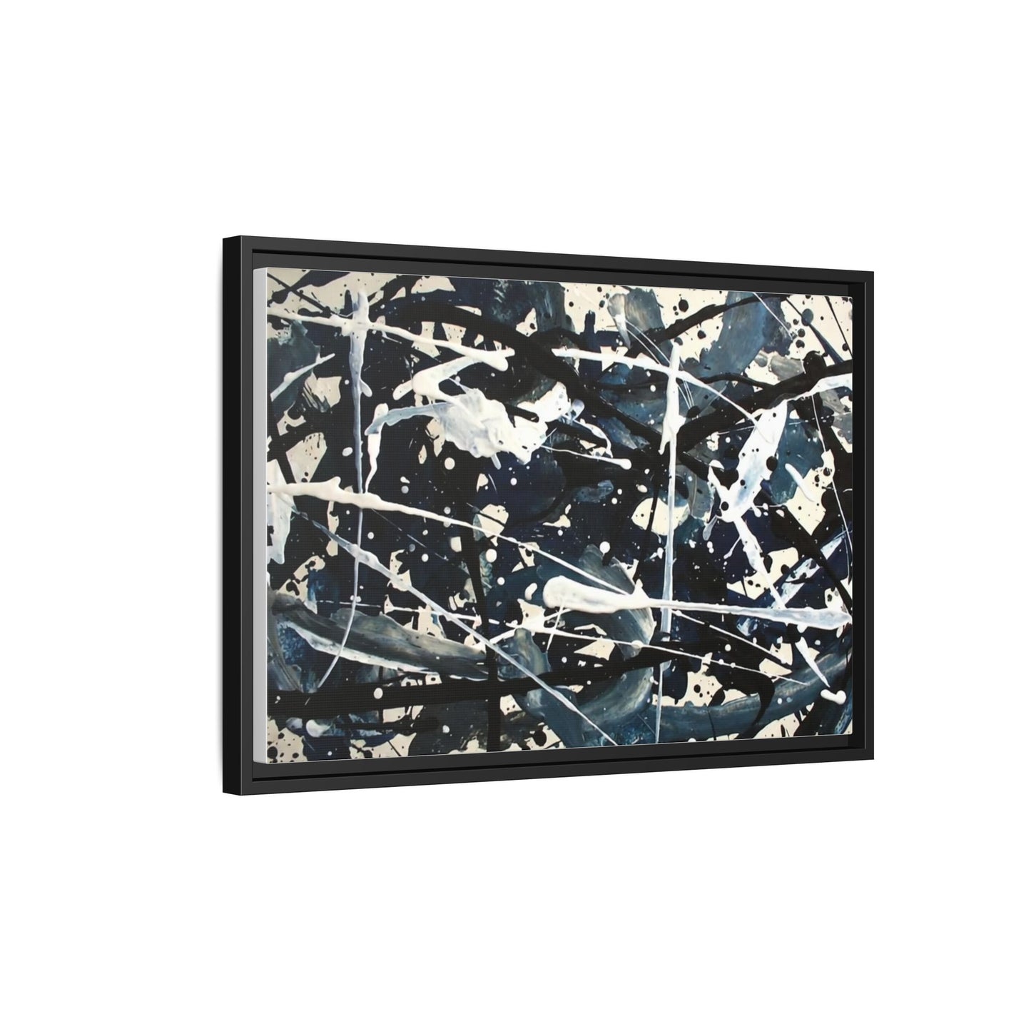 Abstract Splatter Matte Canvas Framed Wall Art — Black & Blue Modern Art Print