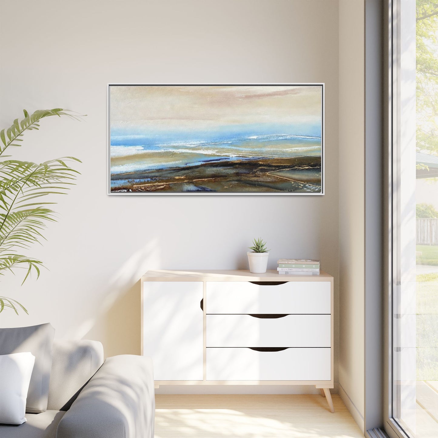 Framed Abstract Seascape Matte Canvas — Coastal Blue & Earth Tone Wall Art