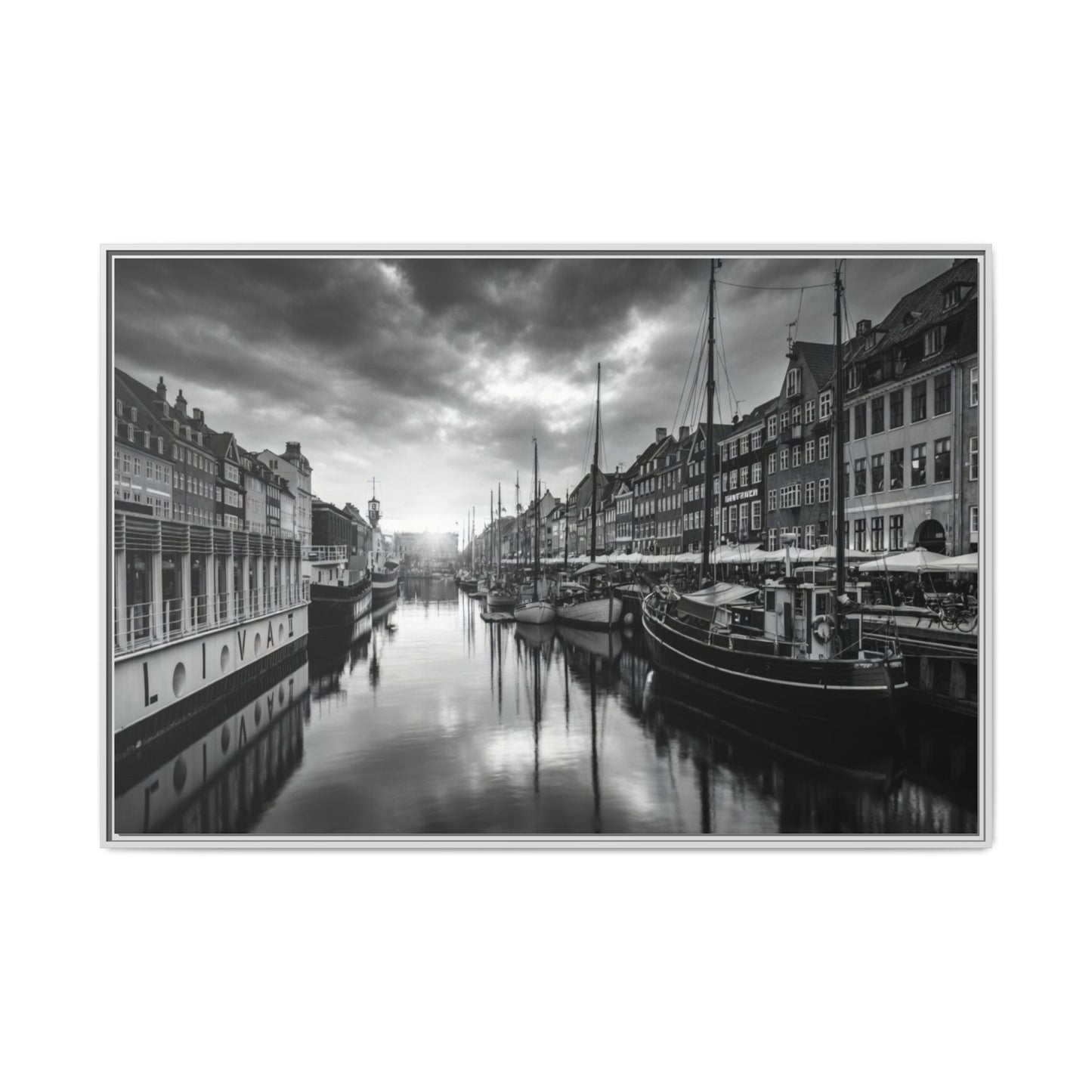 Framed Matte Canvas: Black & White Dutch Canal Photography Wall Art
