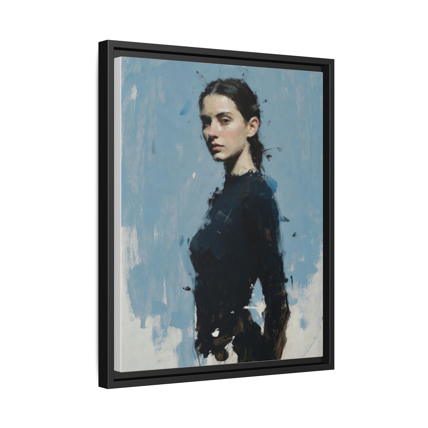 Framed Matte Canvas Portrait Print — Elegant Blue Woman Art