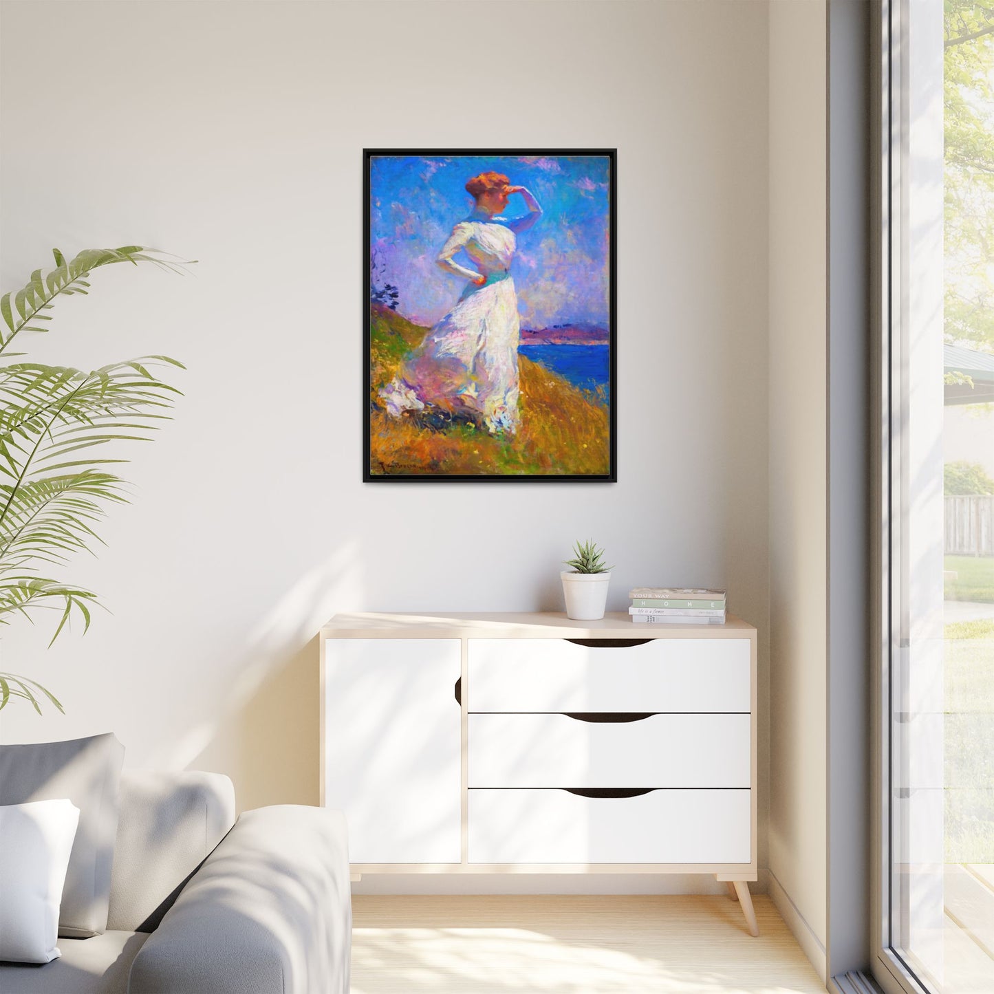 Framed Matte Canvas Art - Woman in White Seaside Impressionist Print