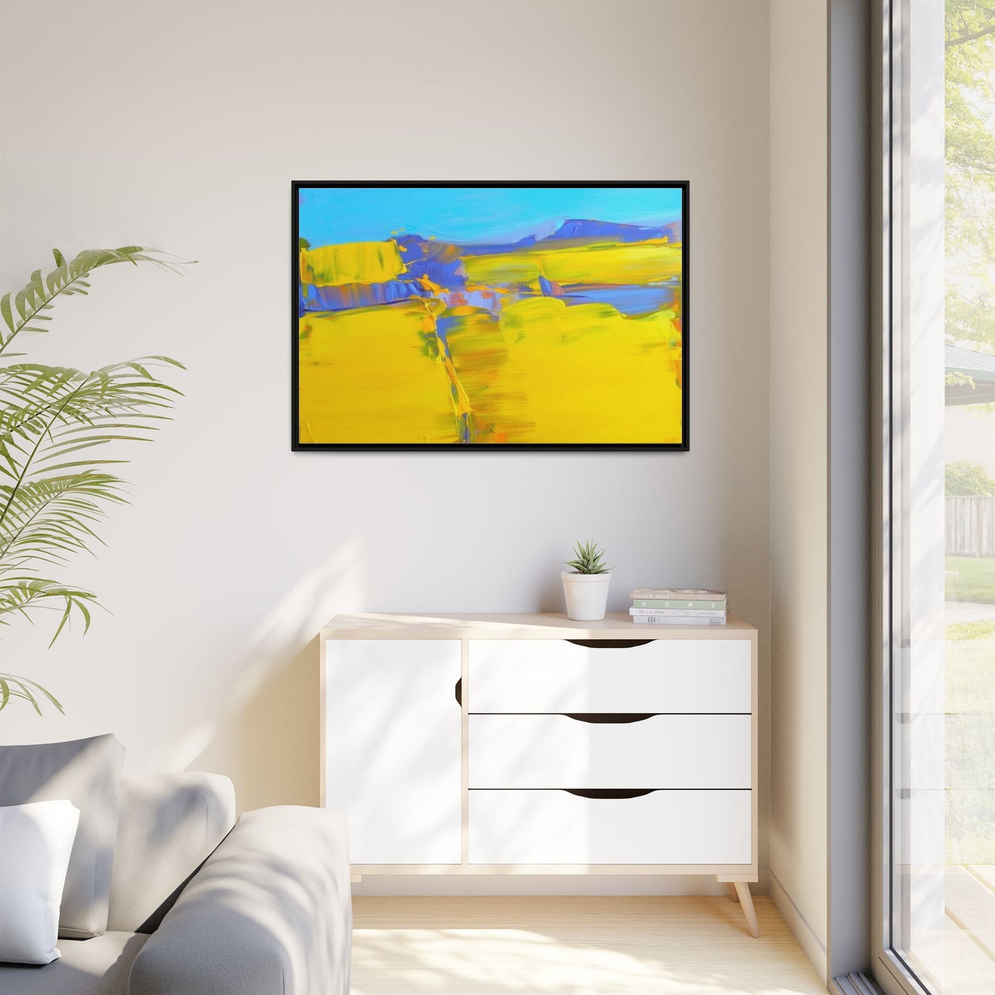 Framed Matte Canvas  Vibrant Yellow Blue Abstract Landscape Art