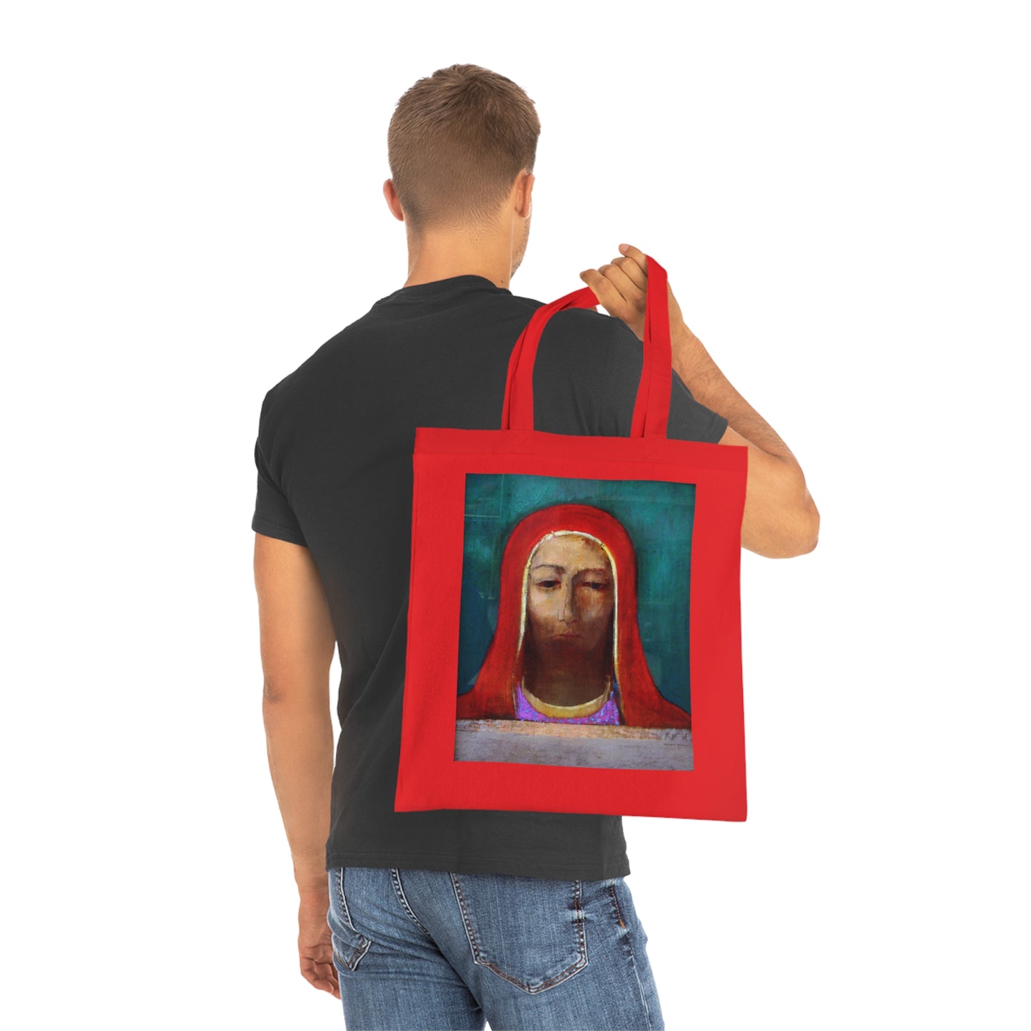 Art Portrait Tote Bag — Serene Red-Hooded Figure Canvas Cotton Tote