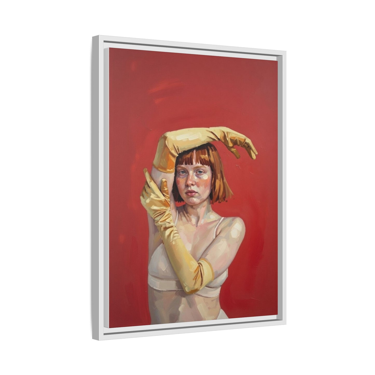 Framed Matte Canvas Art - Portrait of Woman in Yellow Gloves (Red Background)
