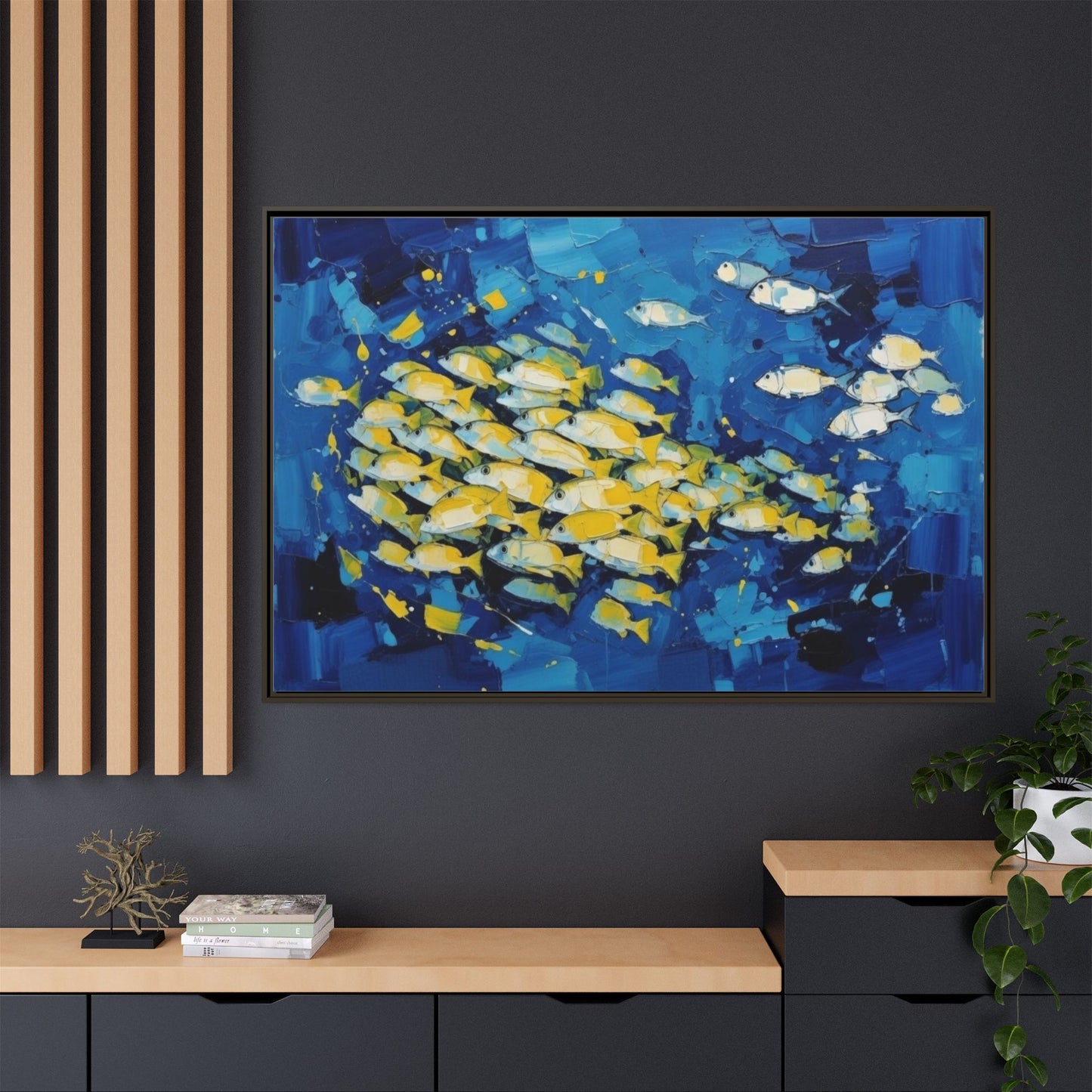 Framed Matte Canvas: Blue School of Fish Wall Art
