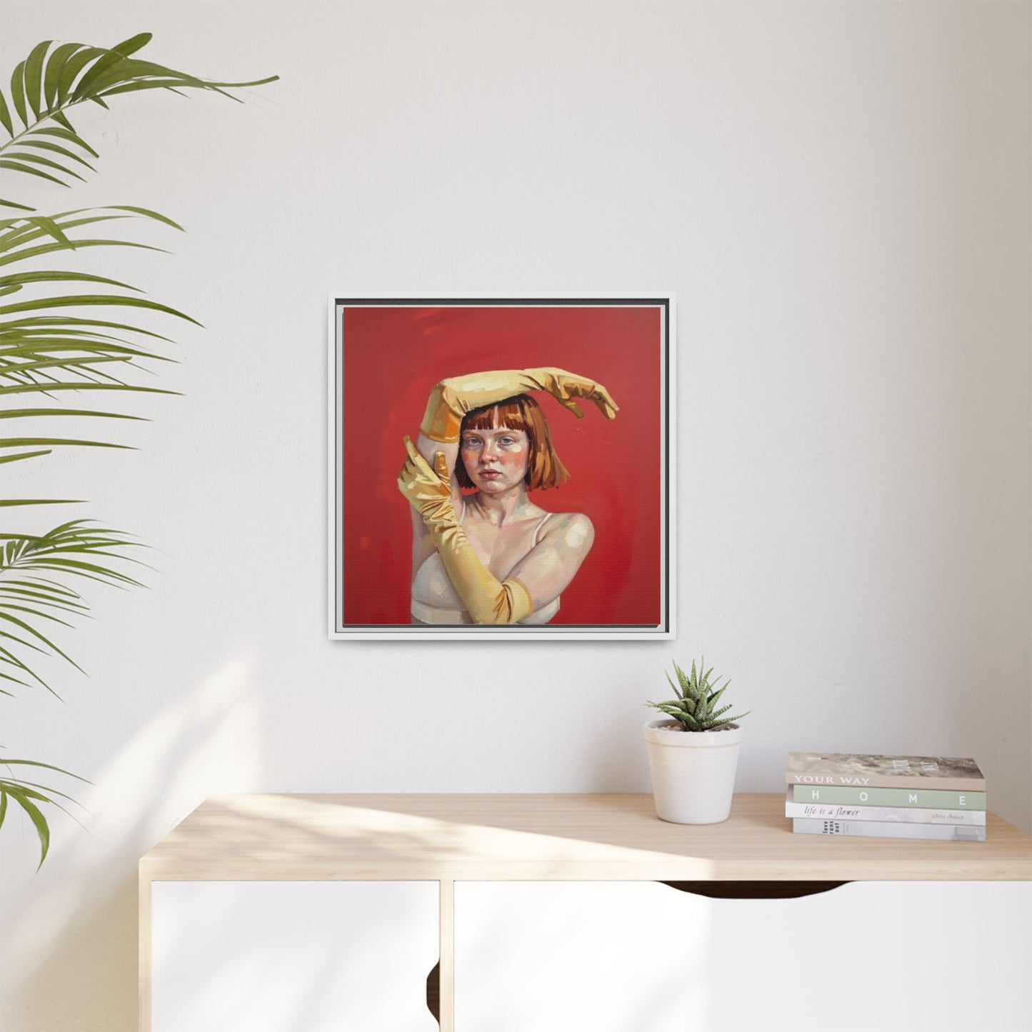Framed Matte Canvas Art - Portrait of Woman in Yellow Gloves (Red Background)