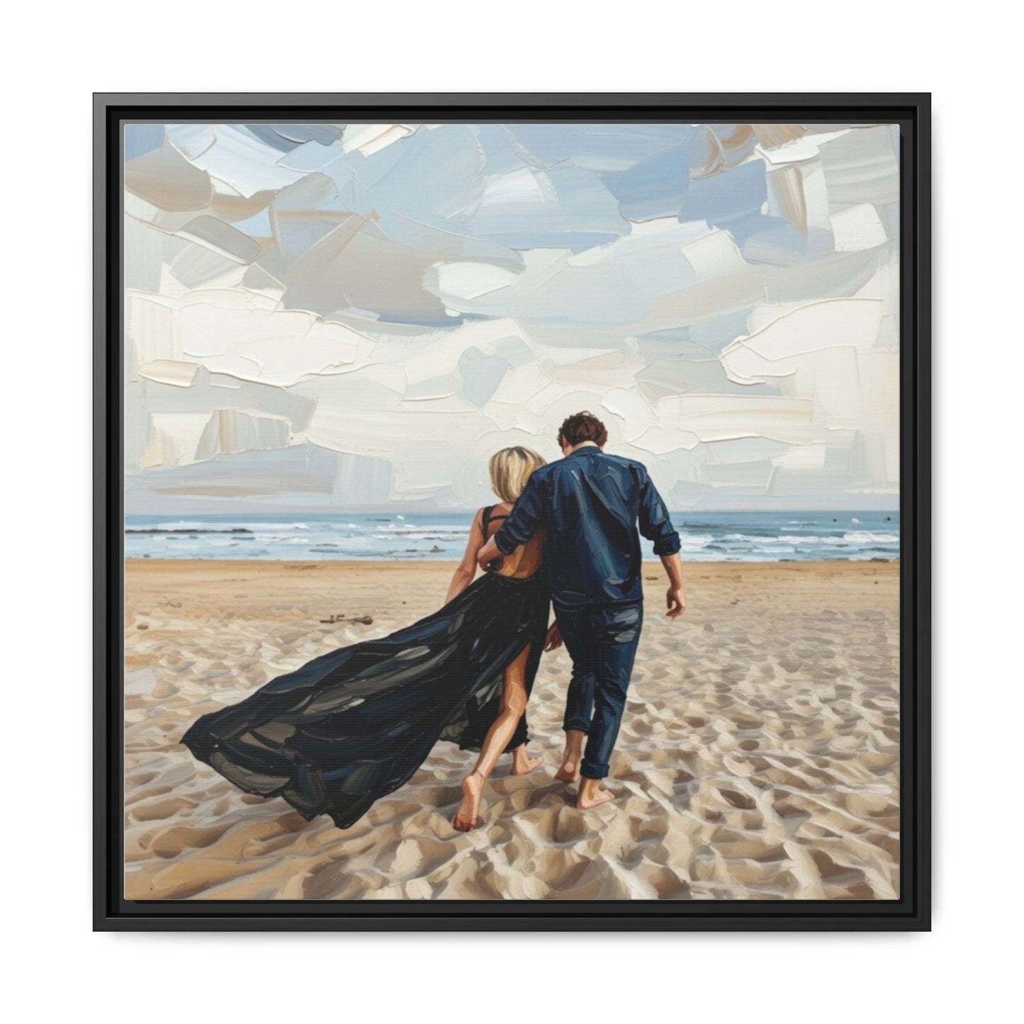 Framed Canvas Wall Art — Romantic Couple Walking on Beach Print