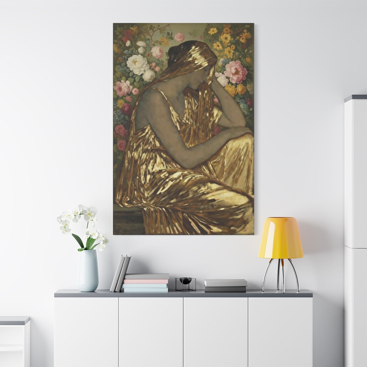 Golden Muse Canvas Print — Woman in Gold Floral Art (Stretched Matte)