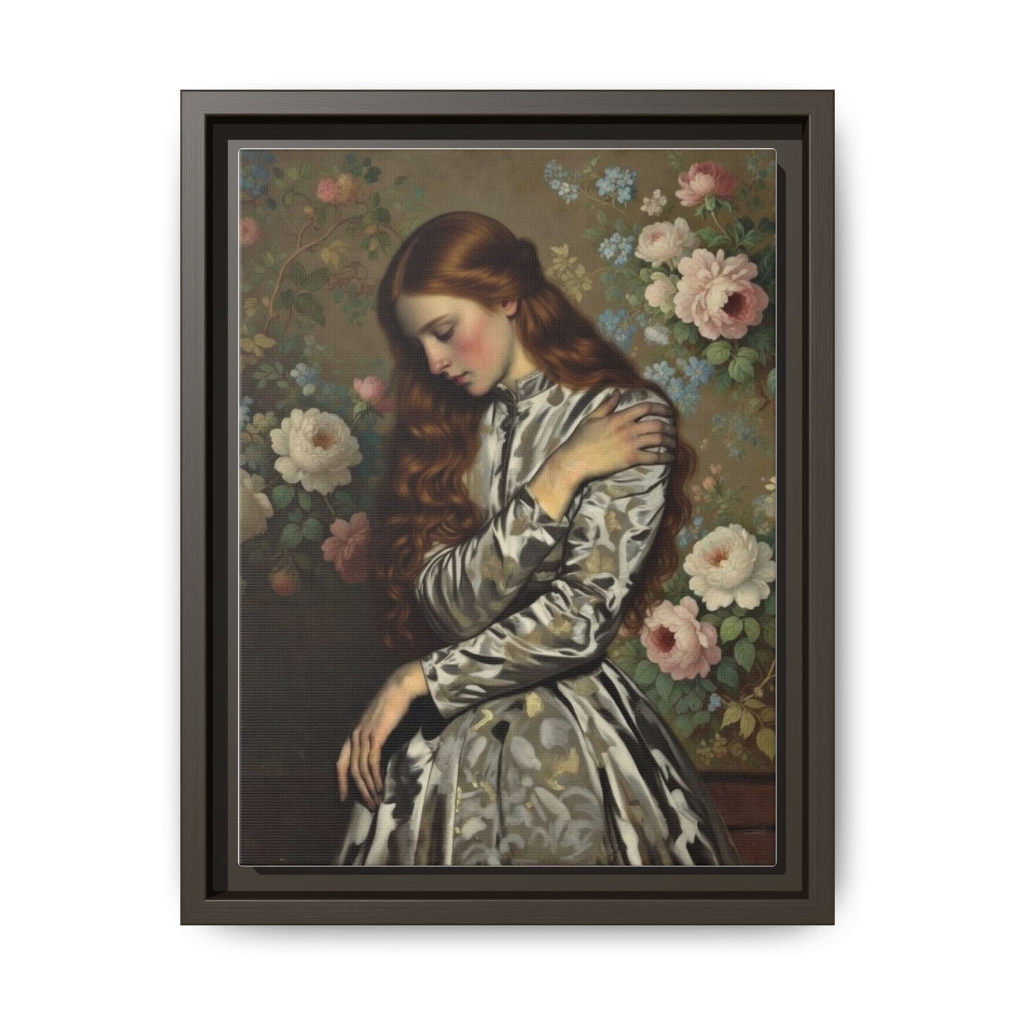 Framed Matte Canvas Art — Vintage Floral Portrait of a Young Woman