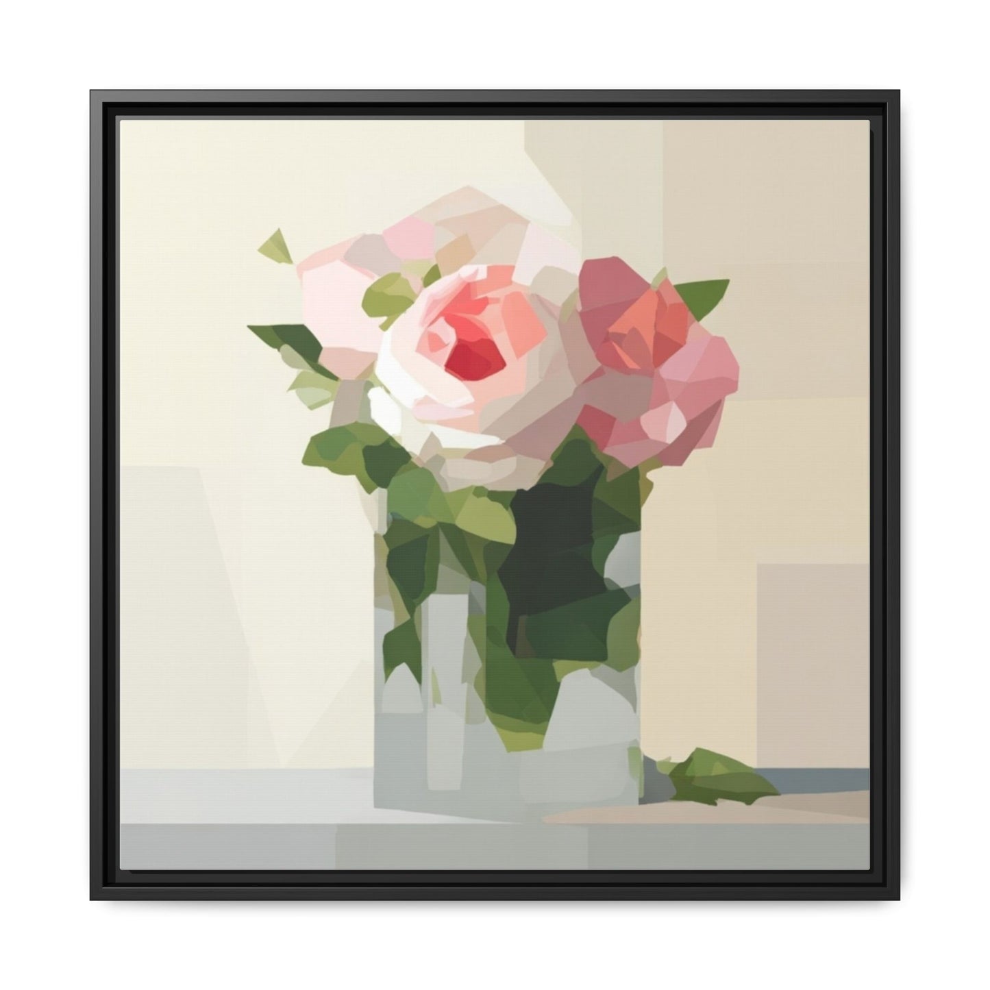 Framed Floral Canvas Print — Geometric Pink Rose Wall Art