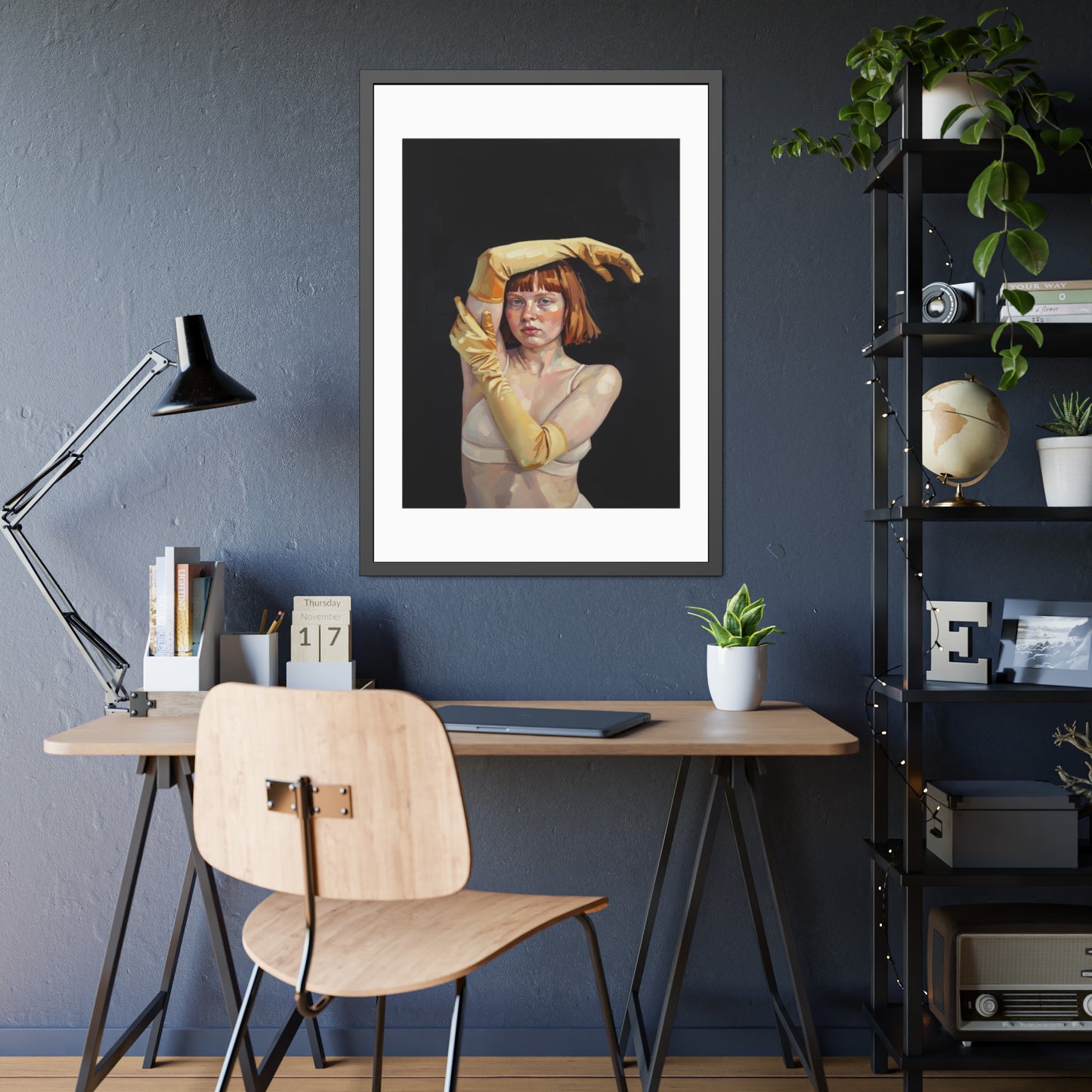 Framed Art Poster — Portrait of Redhead Woman in Yellow Gloves (Gallery Wall Print)