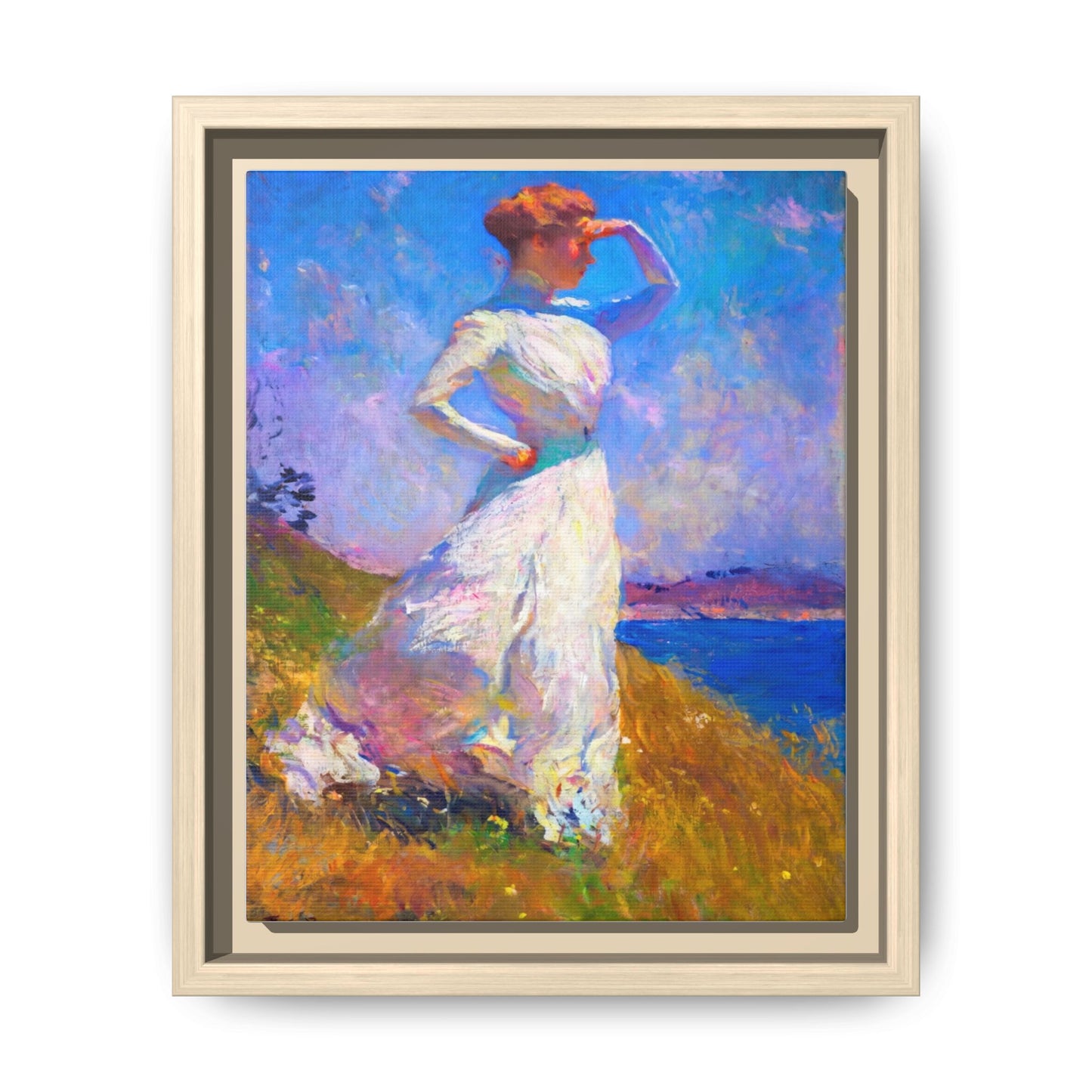 Framed Matte Canvas Art - Woman in White Seaside Impressionist Print