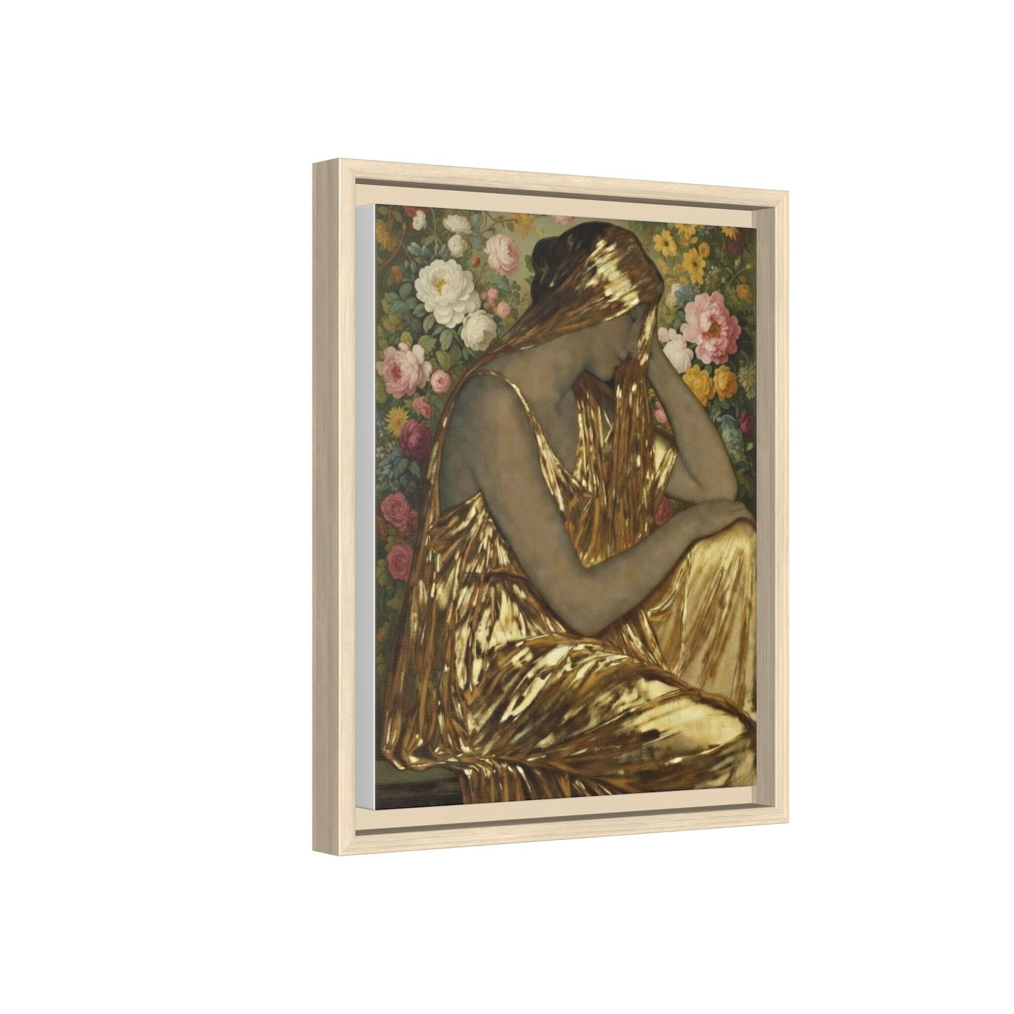 Framed Canvas Art Print — Golden Muse Woman with Floral Background